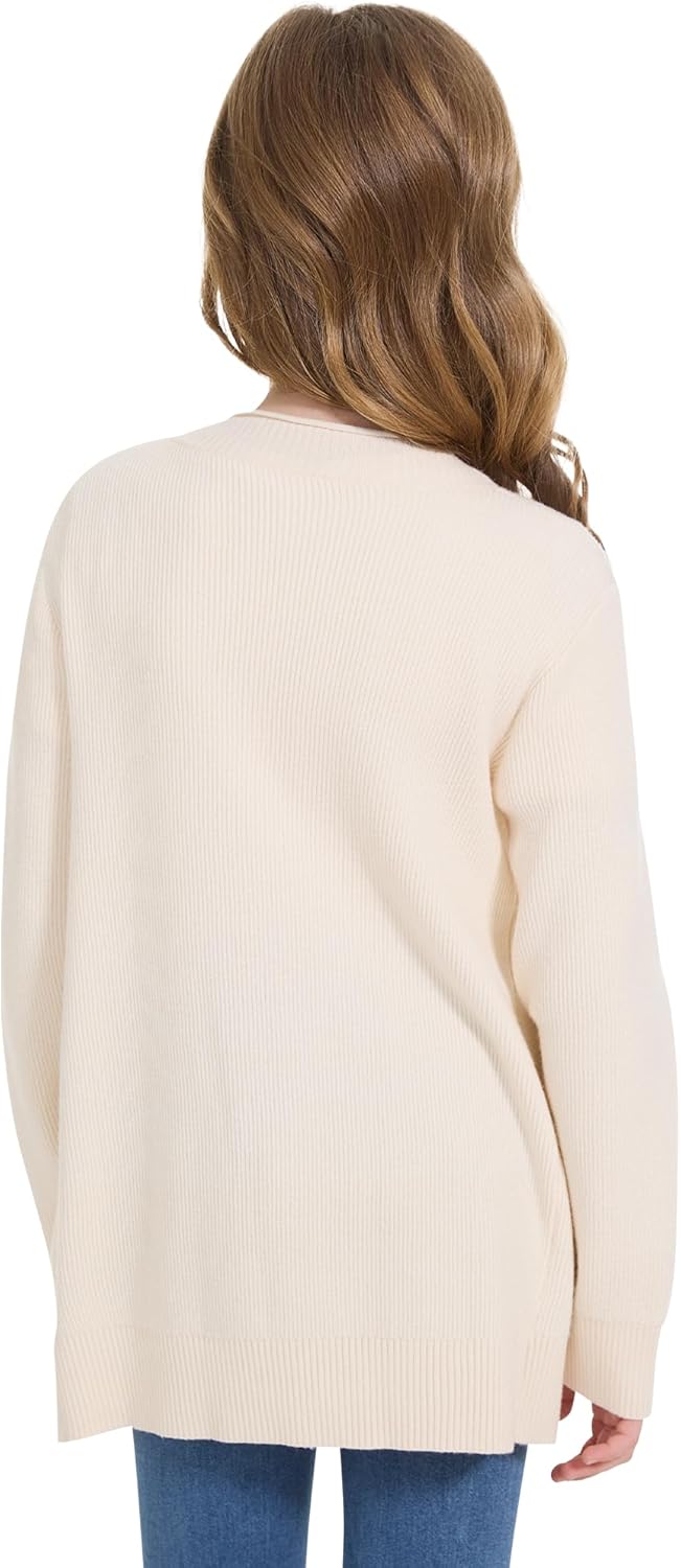 WULFUL Girls Long Sleeve Cardigan Kids Casual Open Front Oversized Sweater with Pockets
