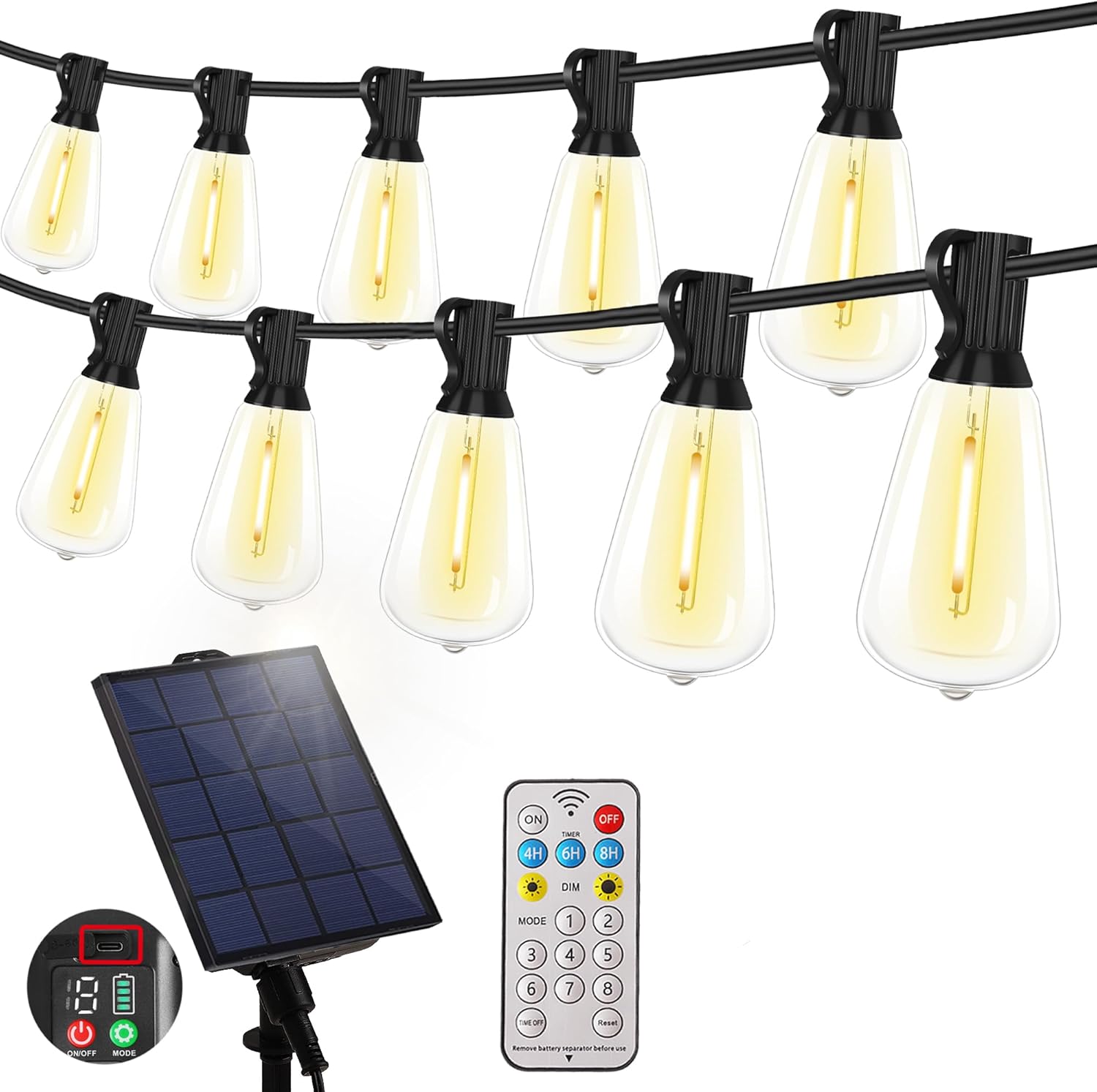YOSION Solar Powered Warm White LED Outdoor String Light with Remote Control, Shatterproof Light Bulbs for Backyard Garden Patio Pergola Gazebo Bistro Bedroom Christmas Wedding Party (20+2 Bulbs)
