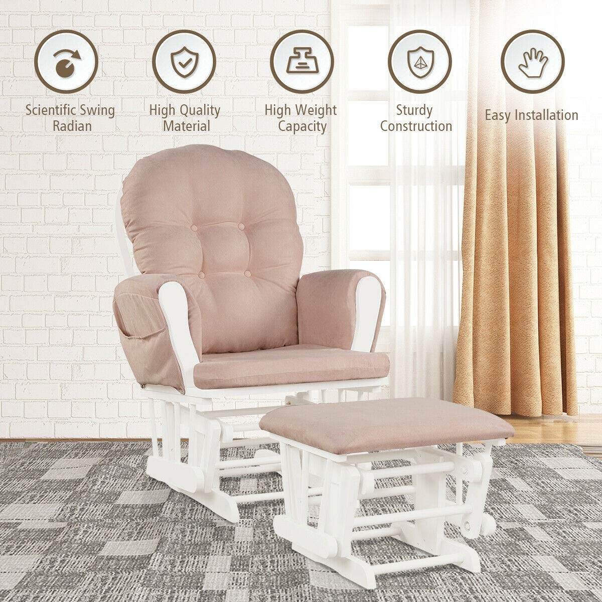 LHONE Nursery Rocking Chairs Nursery Glider Rocking Chair Wood Baby Rocker with Ottoman Cushion Upholstered Nursing Chair with Padded Arms (Pink)