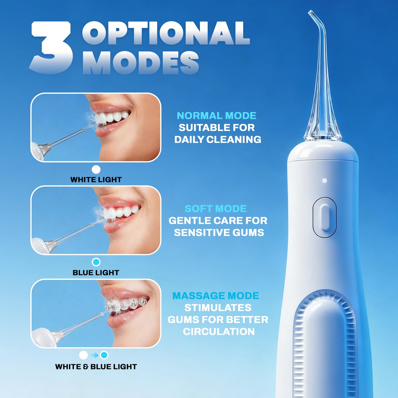 Hydropulseur dentaire : irrigateur buccal portable, 3 modes, hydropulseur sans fil, fonctionne avec piles, machine à fil dentaire étanche IPX5 pour le nettoyage des dents pour voyage à la maison