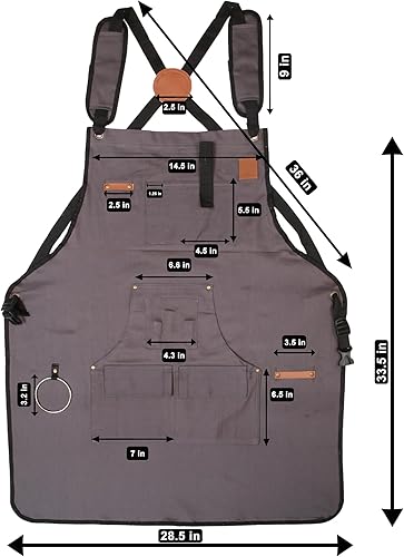 Vista 4 de Woodworking Apron for Men - 9 Reinforced Pockets Durable Canvas Padded Cross Straps - Woodworking Gifts for Men Gris