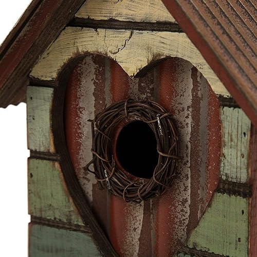 Miniatura 32 de Glitzhome Casas para pájaros para exteriores, casa de pájaros de madera maciza envejecida de gran tamaño de 15 pulgadas de largo con flores 3D