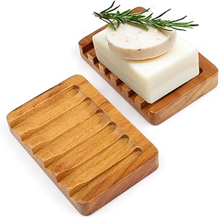 2 Pack Self Draining Teak Wood Soap Dish Holder,Teak Soap Dish for Bathroom,Shower,Kitchen Sponges,Soap Saver Tray with Non Slip Base,Extend Soap Life