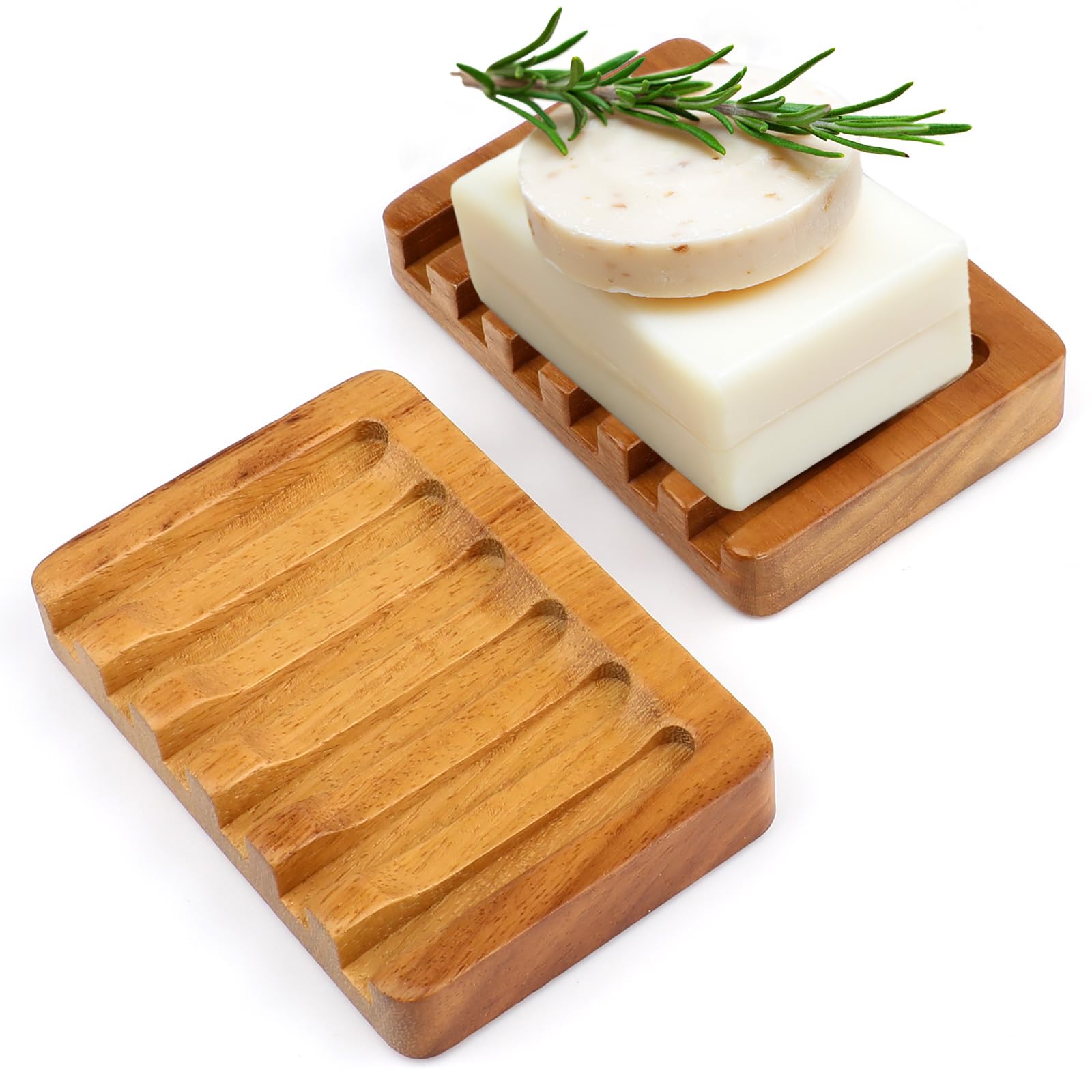 2 Pack Teak Wood Soap Dish,Self Draining Wooden Soap Holder with Non-Slip Base for Bathroom, Shower, Kitchen Sink – Soap Saver Tray for Bar Soap & Sponges