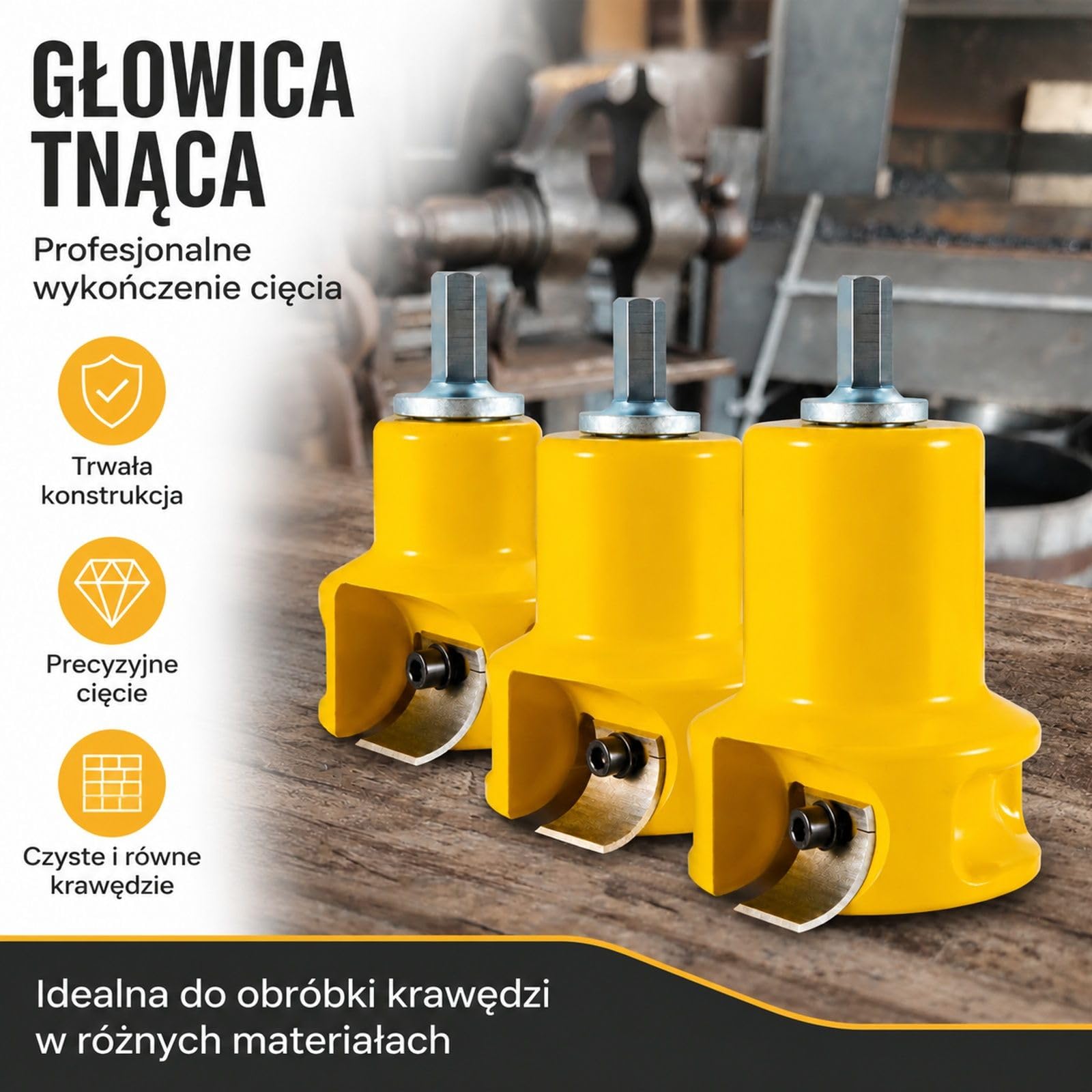 Frez czopowy z wiertłami Forstnera, żółte aluminium i stal, 6 zakrzywionych ostrzy, do łóż belek balustrad ogrodzeń stołów