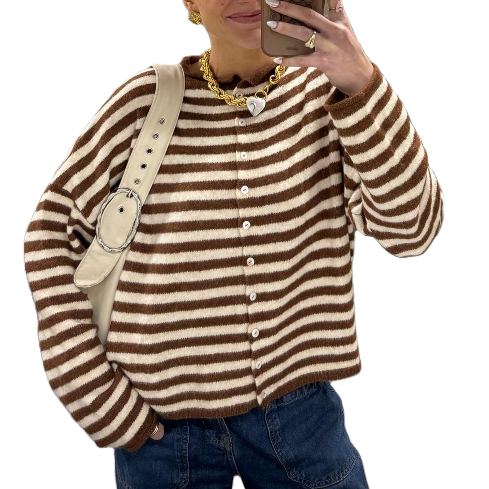 Women Y2K Knit Cardigan Striped Button Down Loose Fit Sweater Cardigan Vintage Streetwear Open Front Knitwear
