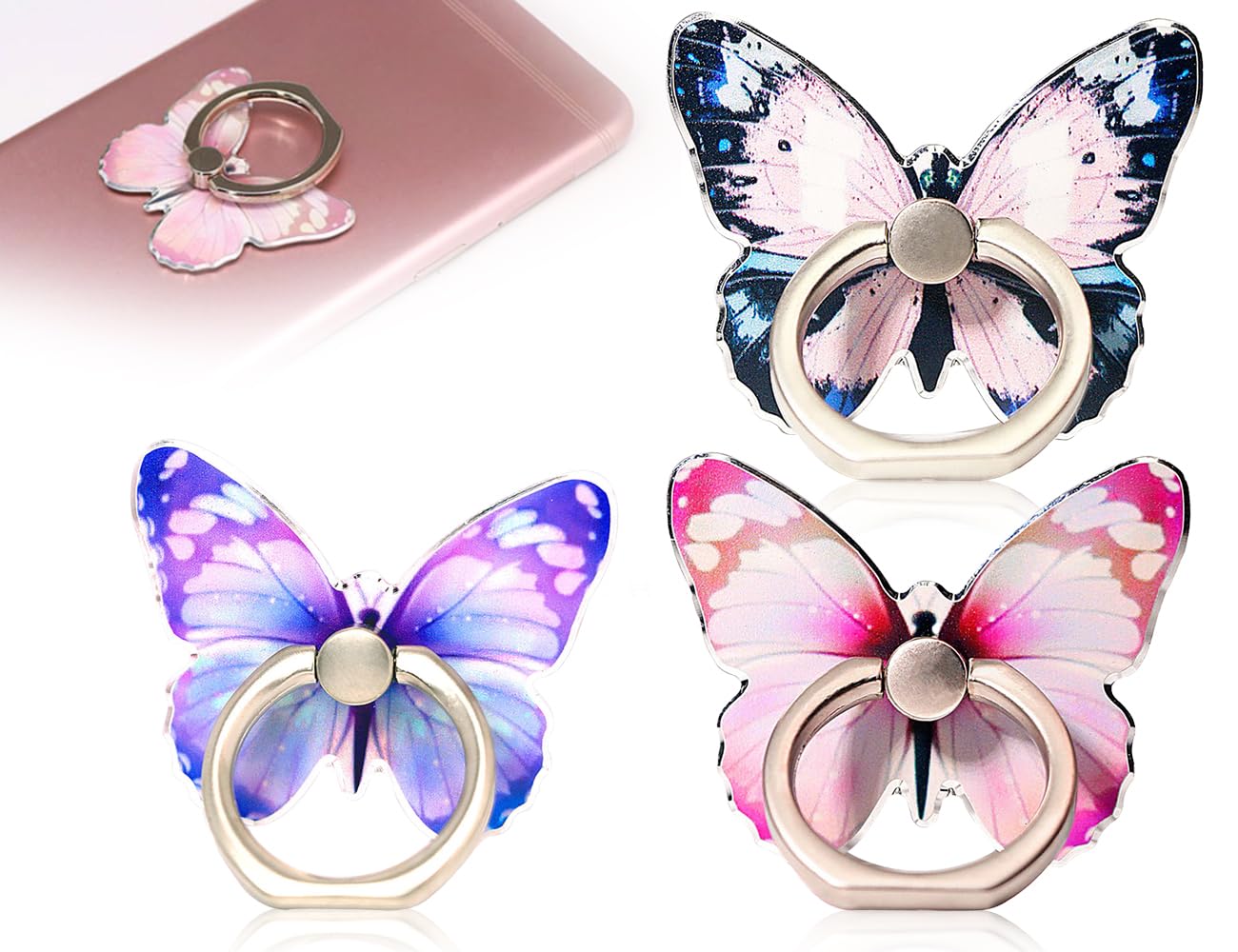 Supporto Ad Anello Per Telefono A Forma Di Farfalla - Rotazione 360°, Impugnatura In Metallo Dipinto Con Motivo Farfalla (Rosa Blu) - Compatibile Con Tutti Gli Smartphone