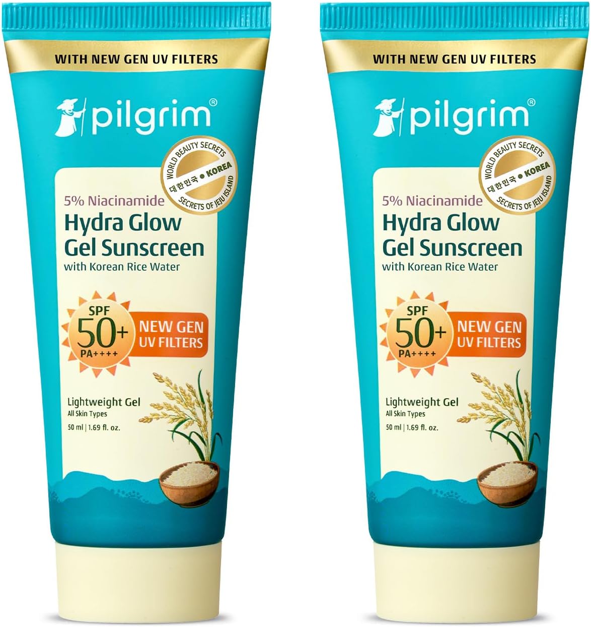 Pilgrim 5% Niacinamide Hydra Glow Gel Sunscreen InVivo Tested SPF 50+ PA++++ (Pack of 2) with Korean Rice Water | New Gen UV Filters | Lightweight Gel | Hydrated Glowing Skin | All Skin Types | No White Cast