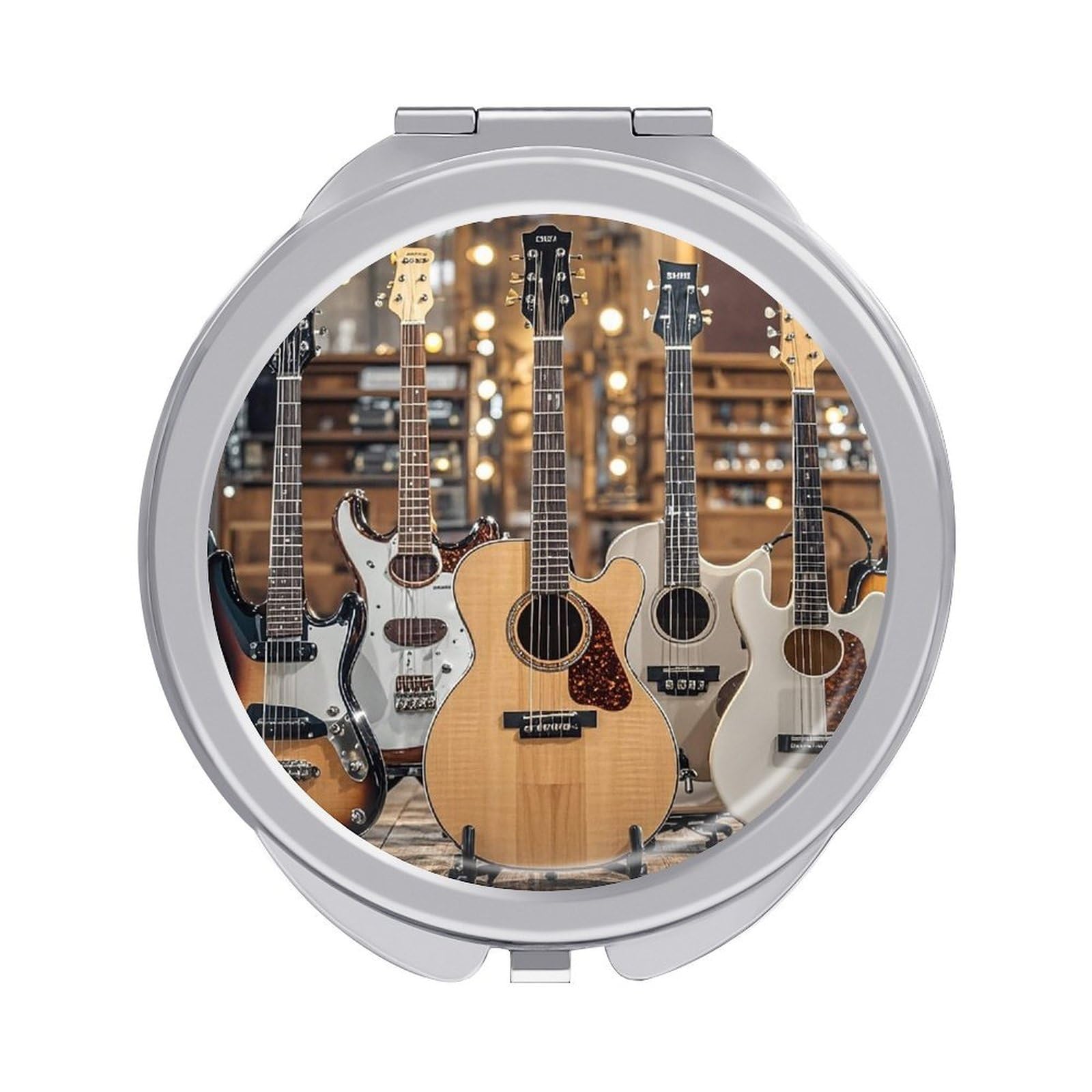 FekiLoot Guitar Bass Music Musical Instruments Travel Makeup Mirror for Women Folding Portable Hand Compact Mirrors Small Round Vanity Mirror 1X/2X Magnifying Metal Pocket Makeup Mirrors