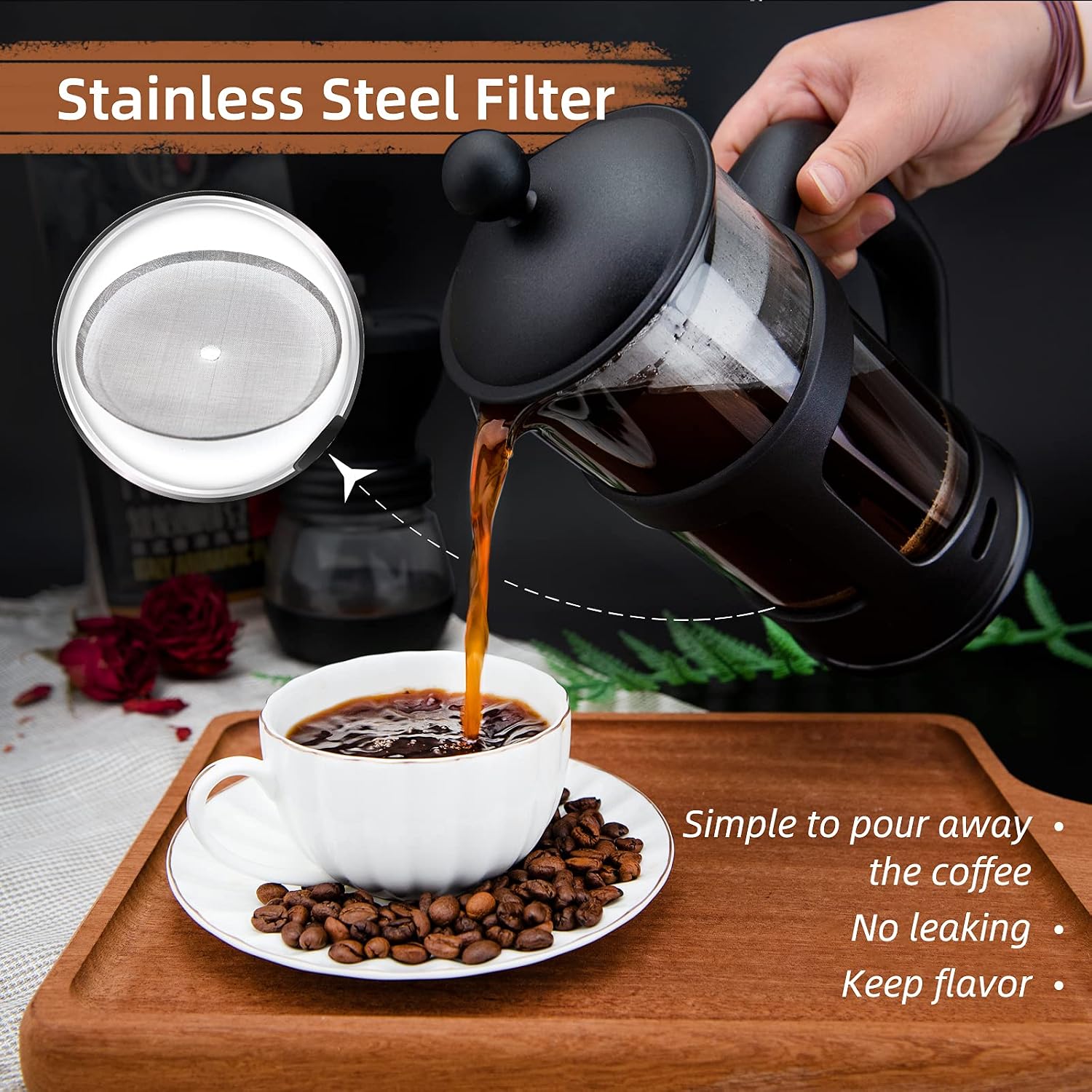 RAINBEAN French Press Coffee Maker 8 Cups, 34oz Coffee Press, Perfect for Coffee Lover Gifts Morning Coffee, Maximum Flavor Coffee Brewer with Stainless Steel Filter, 1000ml - Black