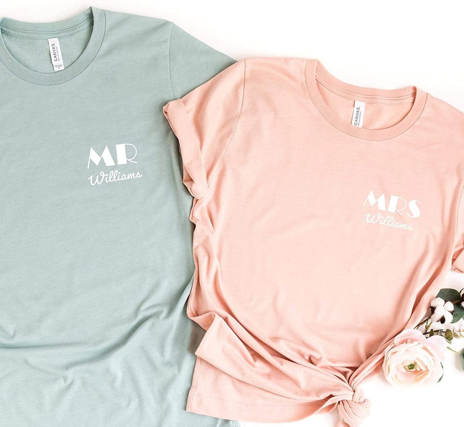 Pink Positive Personalized Mr Mrs Shirt | Bride Groom Surname Shirts | Honeymoon Shirts | Couple's Shirts | Wedding Party Shirts White