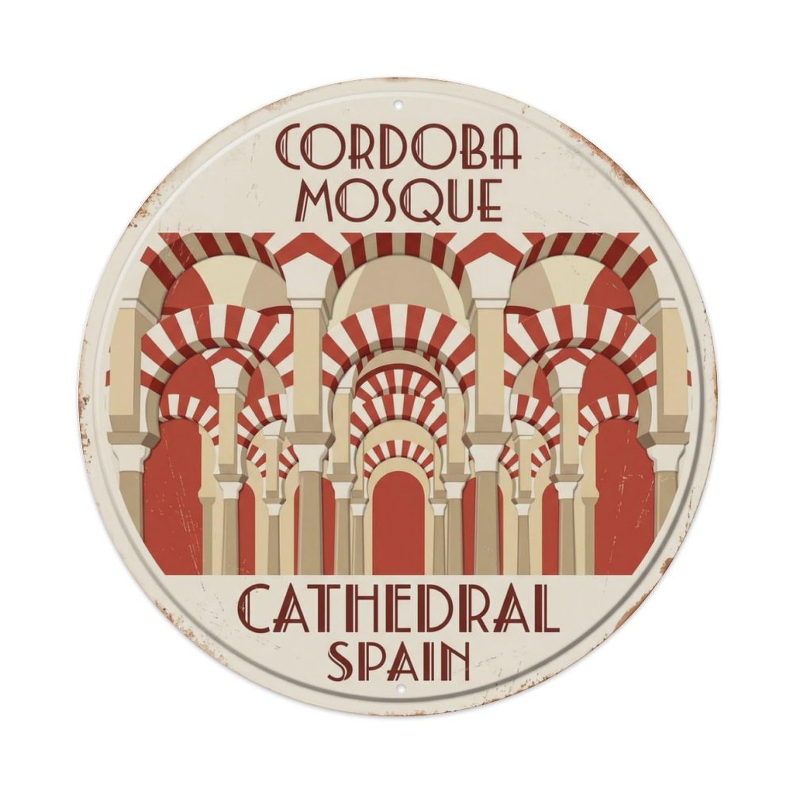 Cordoba Mosque Cathedral Spain Arches Metal Tin Sign Plaque Wall Decor for Cafe, Club Bar, Office, Home Garden Round Metal Poster 8x8Inch