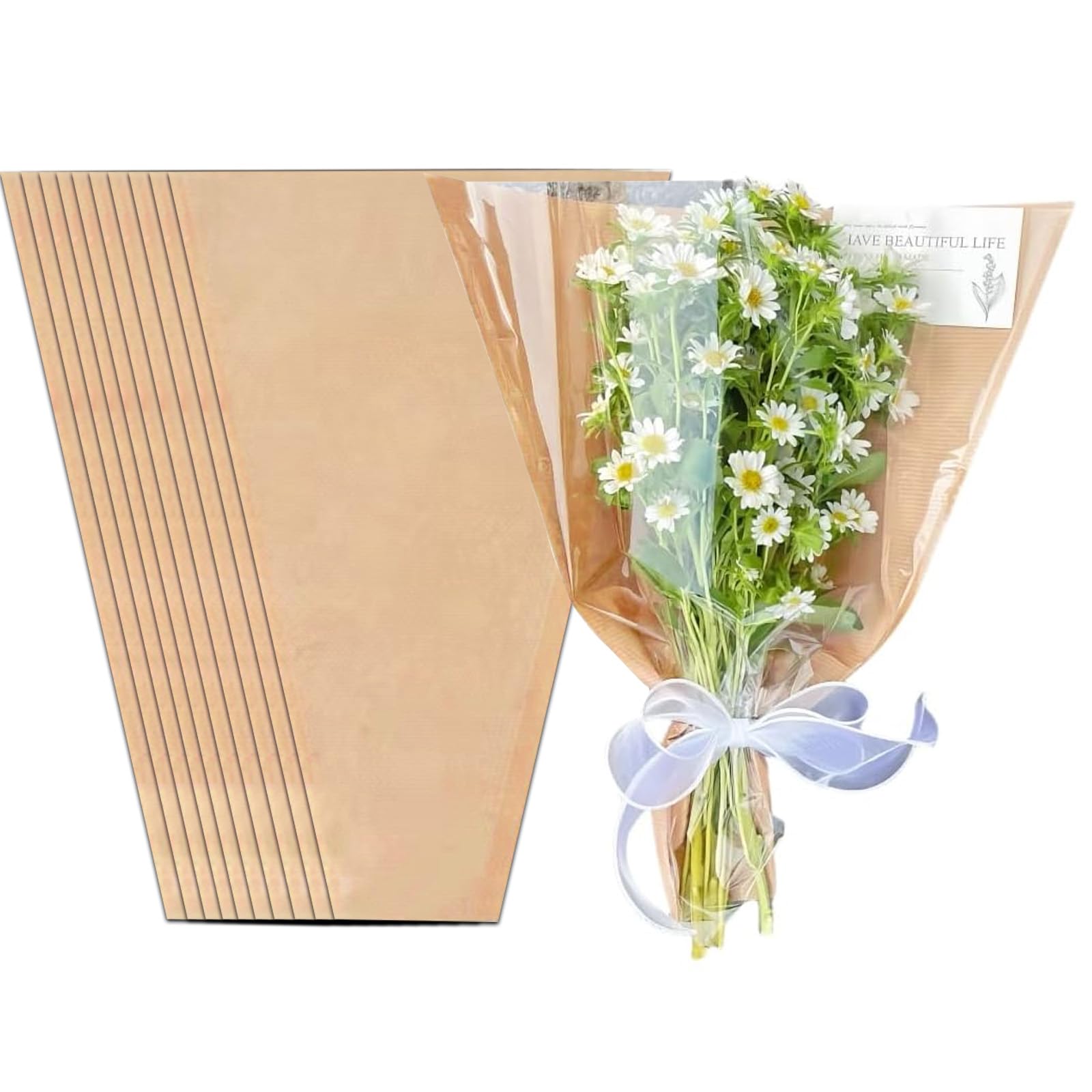 BOYYOEE 50PCS Kraft Flower Bouquet Wrapping Paper Bags Floral Sleeves for Bouquet for Wedding, Birthday, Graduation, Anniversary, Mother'S Day Gift, 4.7x14x22inch