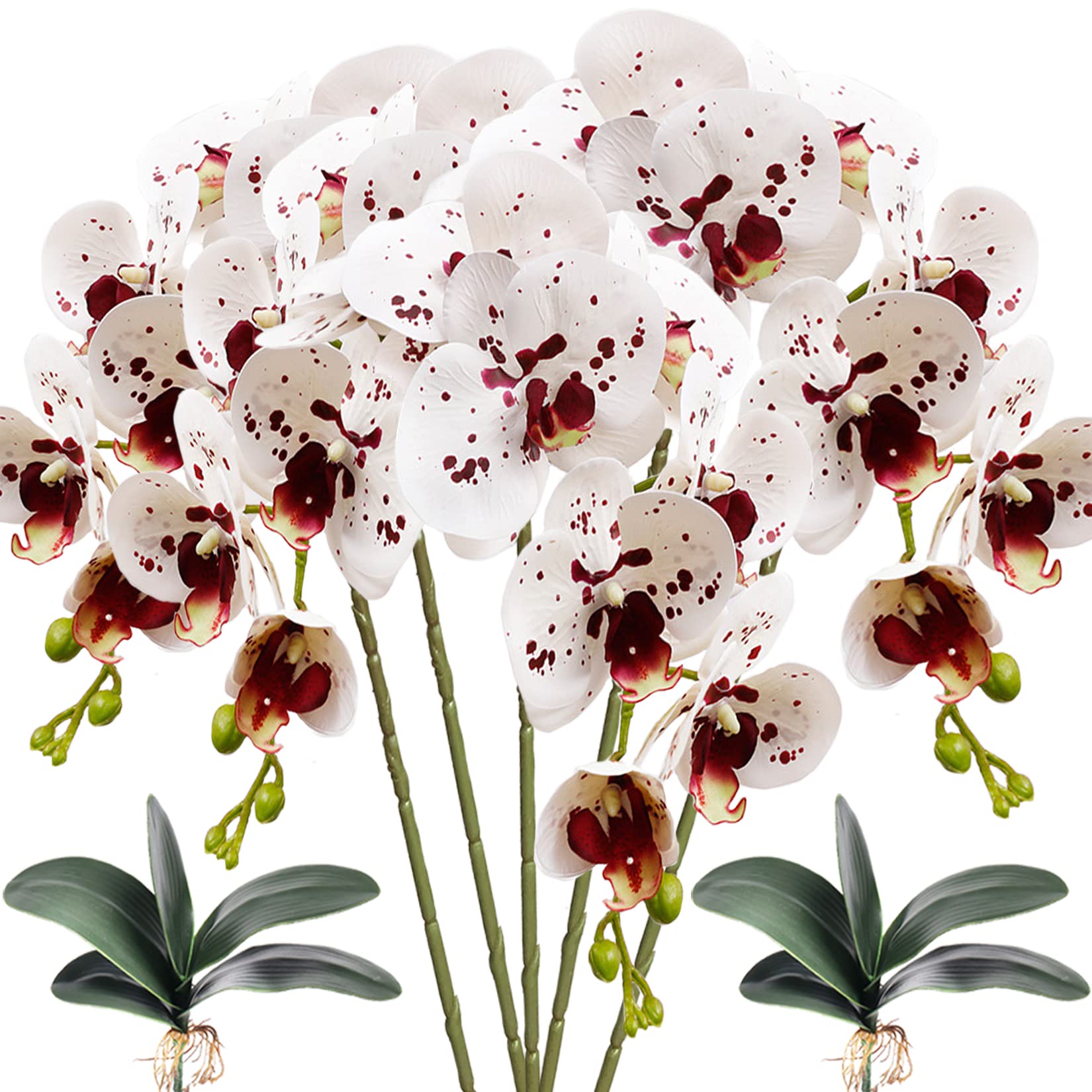 HinyoCo 5 Pcs Artificial Fake Orchid Flowers Branch Phalaenopsis Orchid Flowers with 2 Pcs Leaves for Home Decoration (White with Spots)