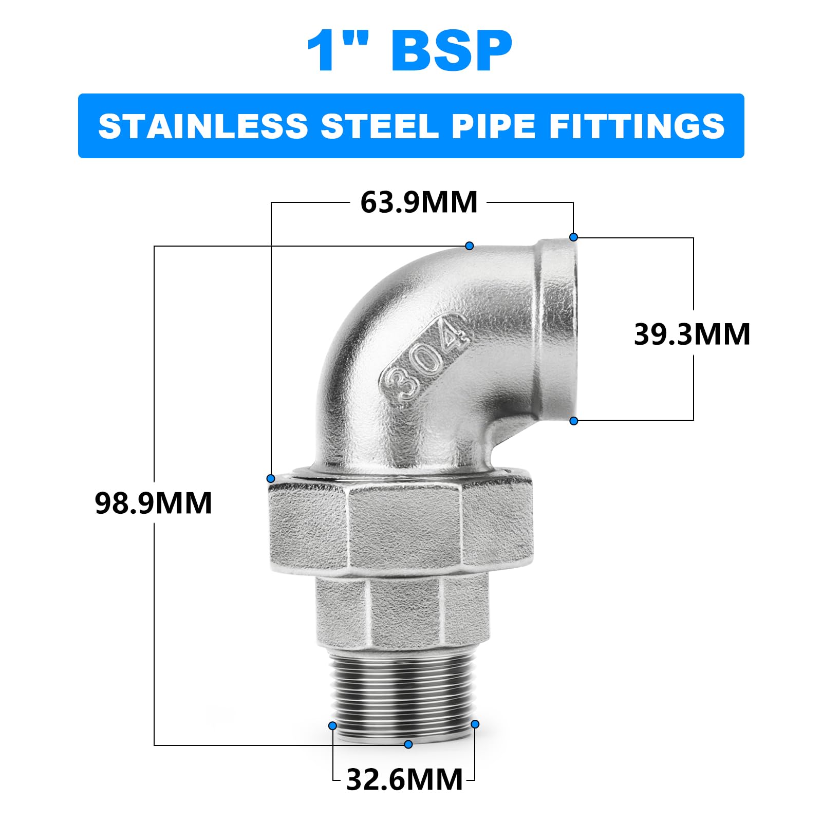 TAILONZ PNEUMATIC 304 Edelstahlguss-Winkelstück 90 Grad Winkelverschraubung 1" Außengewinde x 1" Innengewinde BSP-Gewindeadapter (2er-Pack)