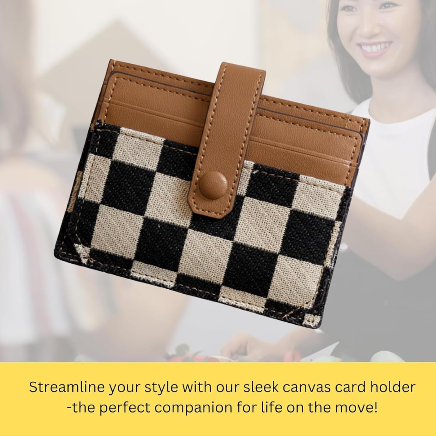 TURBOOST Cute Slim Card Holder Canvas Front Pocket Checkered Wallet, Small Credit Card Case for Women (Brown) - Image 6