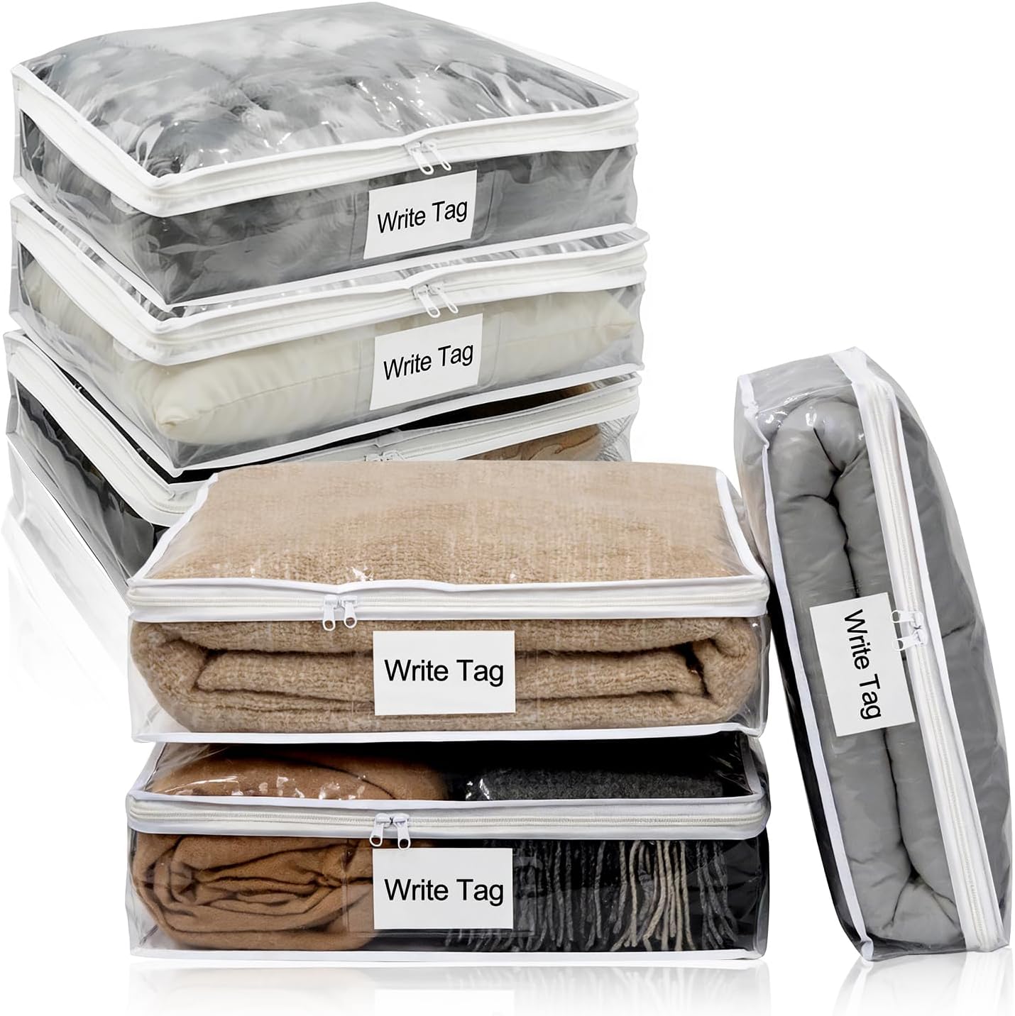 6 Pack Clear Zippered Plastic Storage Bags, Vinyl Sweater Bags with Zipper, Durable Clothing Organizer Protectors for Quilt, Blankets and Bedding, 15.3″ x 13.8″ x 3.9″