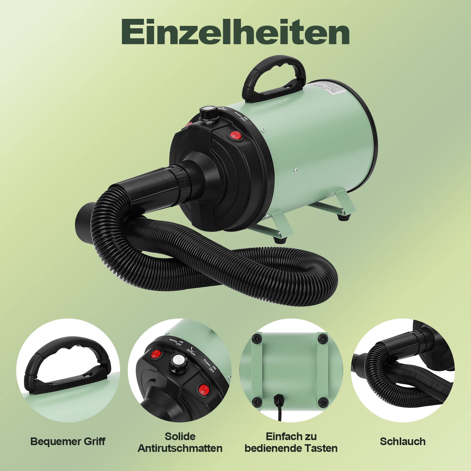 XKISS Soffiatore per Cani 3200W/4.5 PS, Asciugatore per Cani,Continua con velocità e Temperatura Regolabile Asciugacapelli per Animali Domestici, con 4 Ugelli Diversi (Verde)