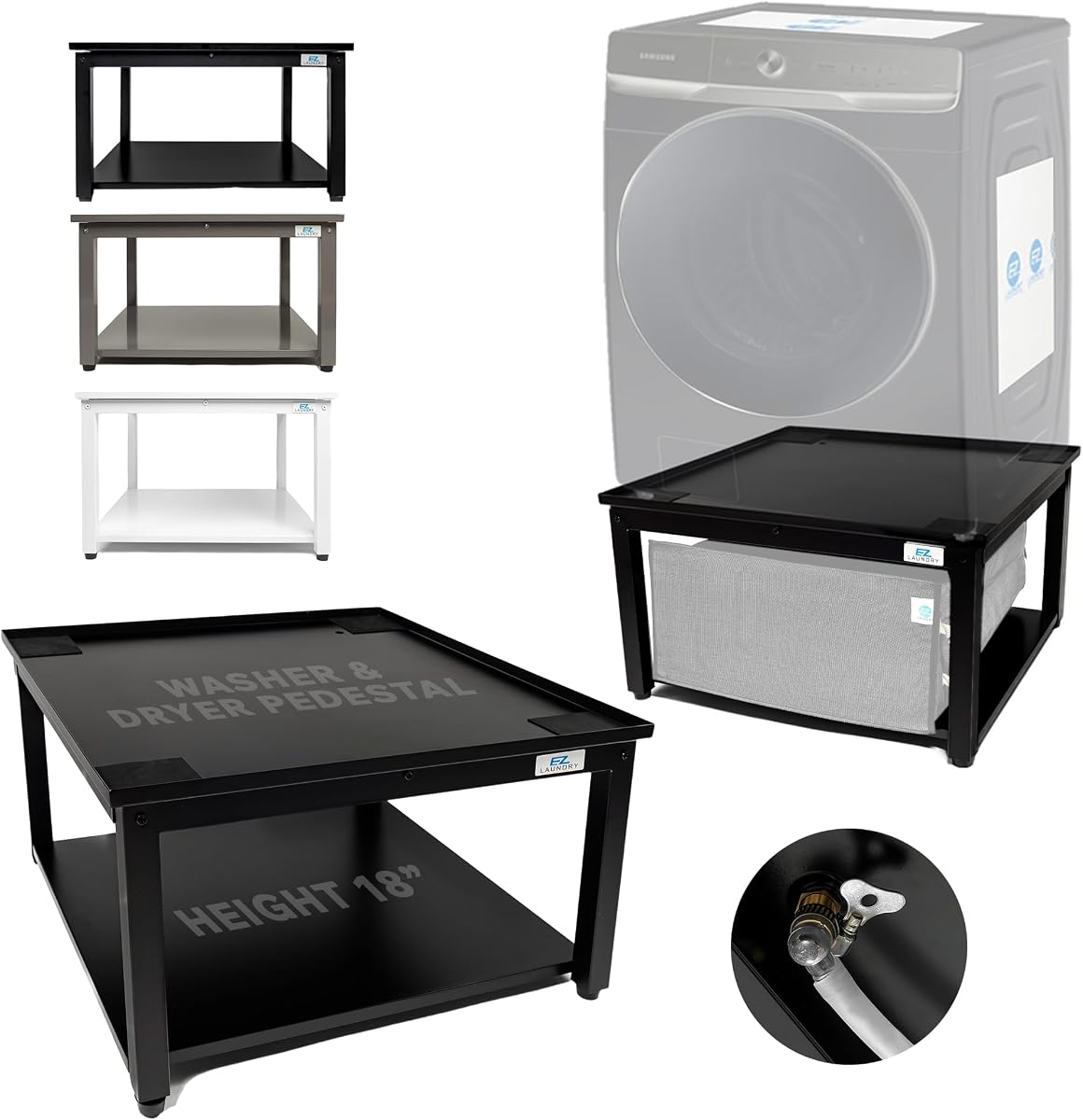 Laundry Pedestal for Washer or Dryer with Drain Pan & Hose - 27"W, 16"H | Universal Fit 800 lbs Capacity, Steel Material Stand for Back Pain Relief, Keeps Space Clean and Dry, All Brands Supported
