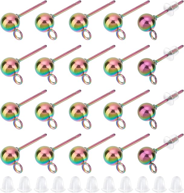 UNICRAFTALE About 50 Sets Rainbow Color Stainless Steel Stud Earring Findings Pin 0.6mm Ball Stud Earring Post with Plastic Ear Nuts Hypoallergenic Earrings for DIY Jewelry Making Hole 1.5mm