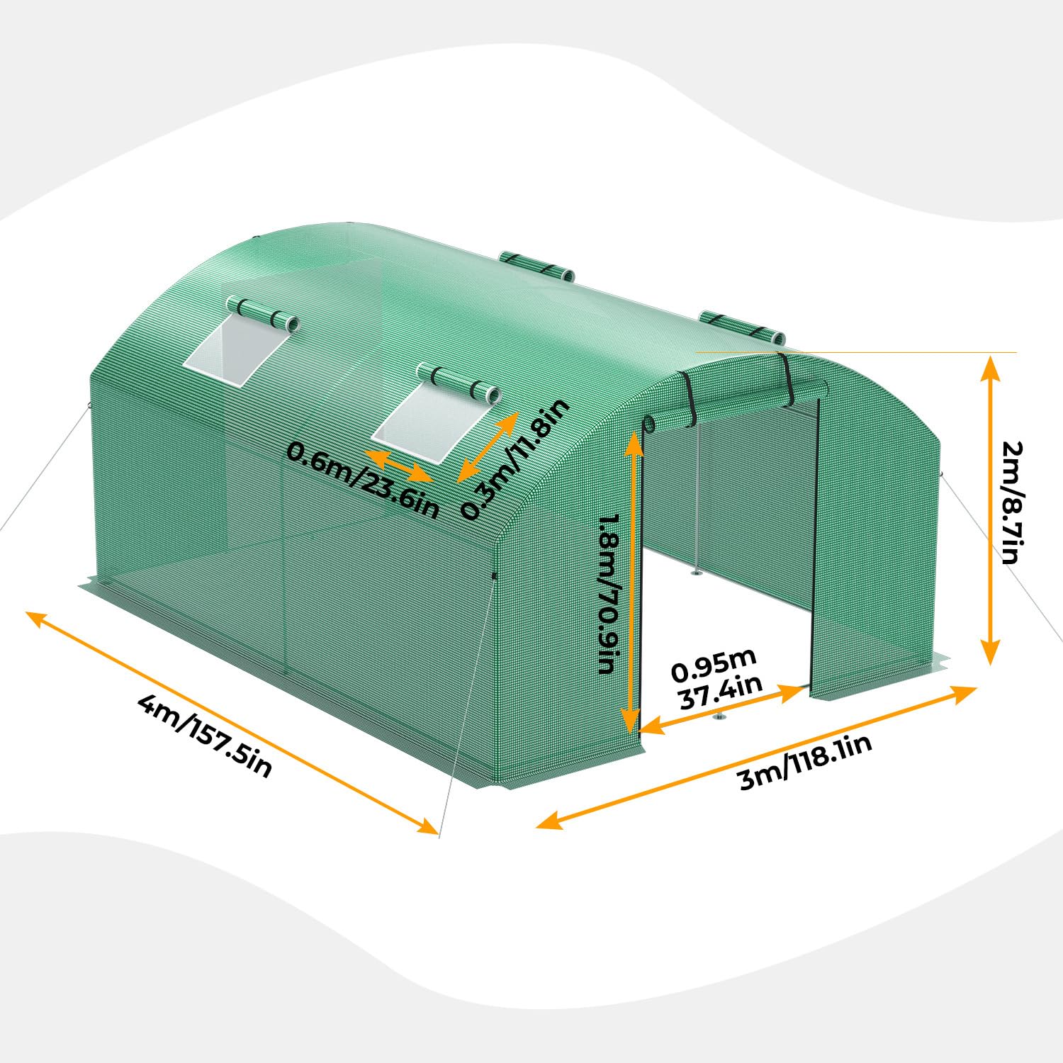 300 x 400 x 200 cm, szklarnia foliowa, odporna na warunki zimowe ze stalową ramą 25 mm, 140 g/m² PE UV50+, 4 okna i 2 drzwi, domek na pomidory z kotwami gruntowymi i linami napinającymi