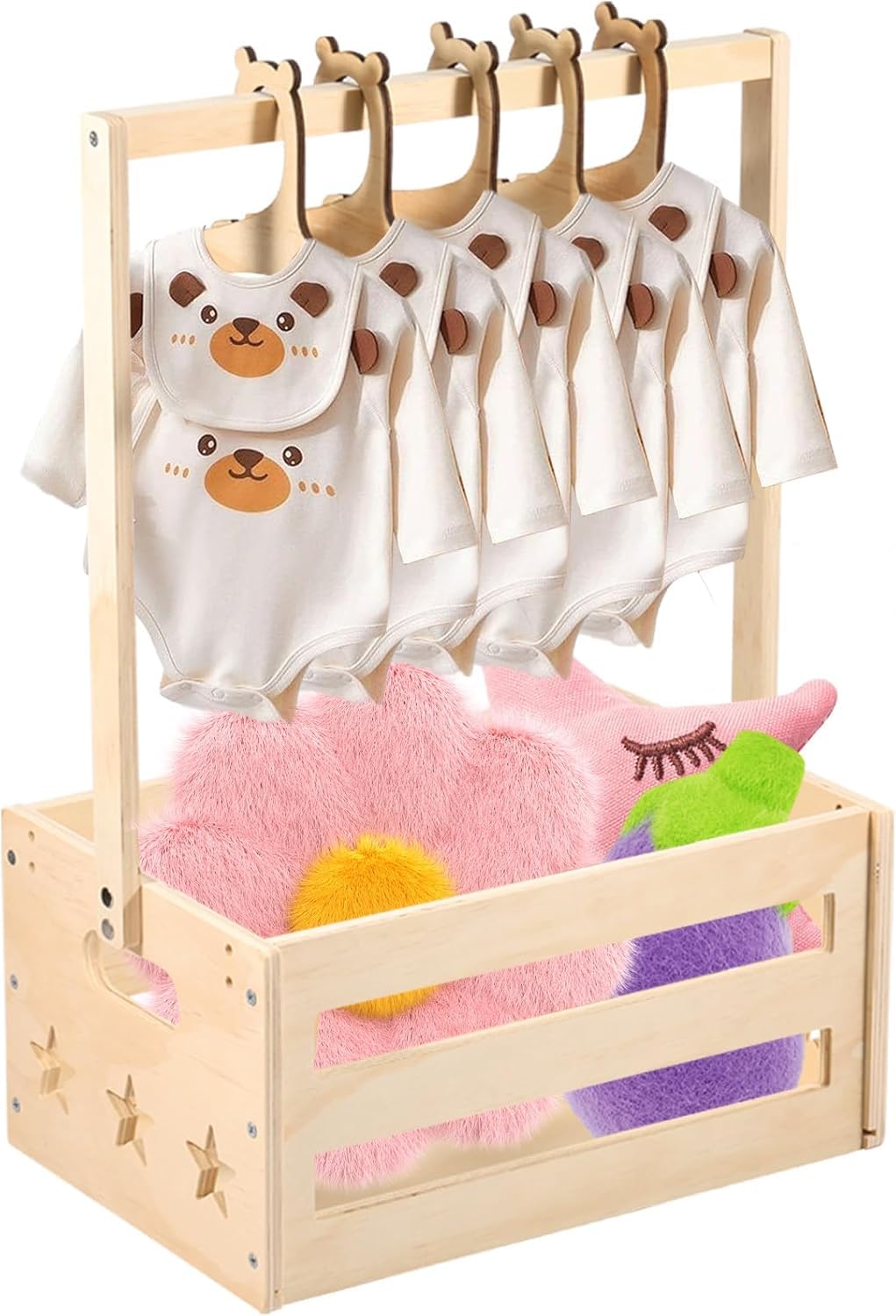 Baby Shower Crate Closet, Wooden Baby Shower Basket with 5 Hangers, Baby Storage Crate Hamper with Handle