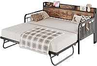 LIKIMIO Twin Daybed with Pop-Up Trundle, Charging Station & Storage Headboard - Industrial Brown Sofa Bed Frame
