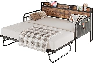 LIKIMIO Twin Daybed with Trundle Bed, Storage Headboard with Charging Station, Sofa Day Bed with Strong Supports for Living Room, Bedroom, and Guest Room, Industrial Brown