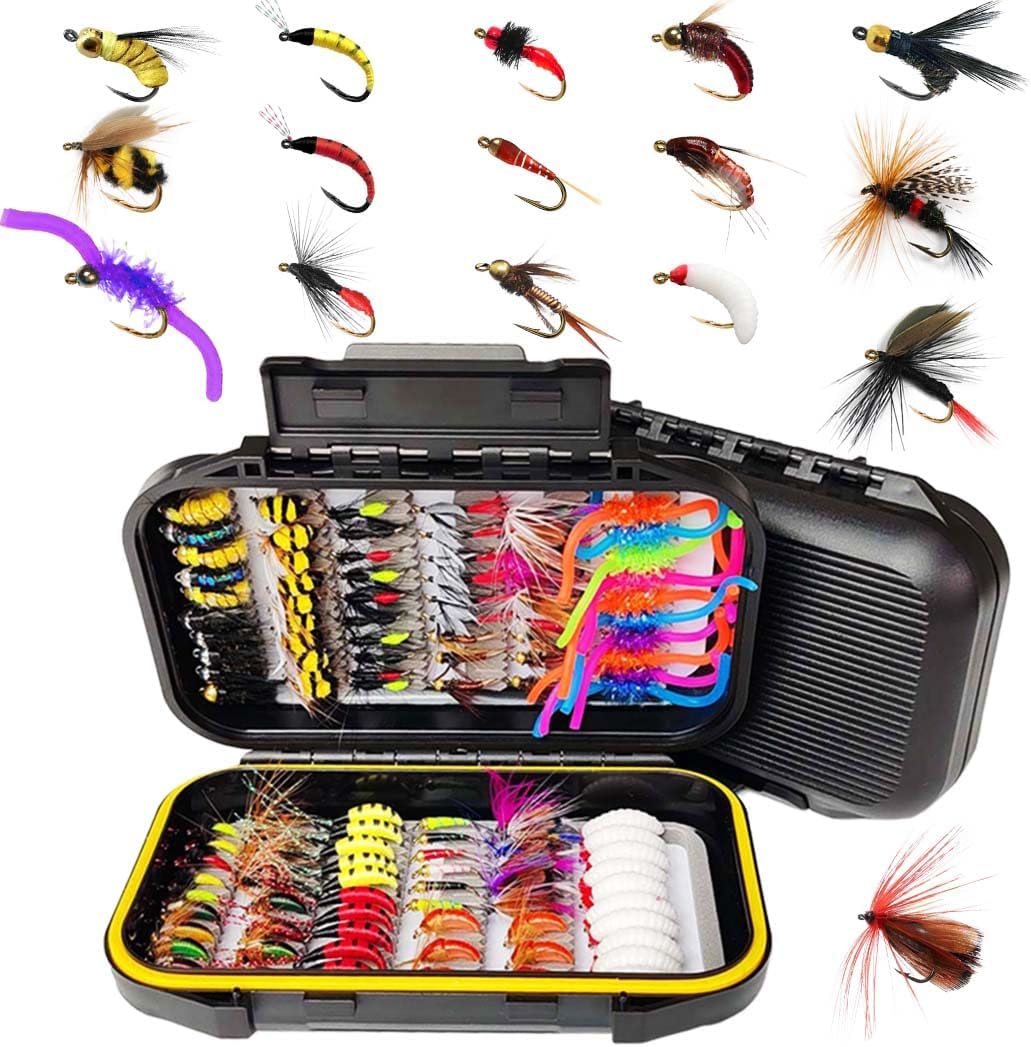 111Pcs Dry/Wet Flies Fly Fishing Flies Kit Fly Assortment Trout Bass Fishing with Fly Box Nymphs, Streamers, Popper