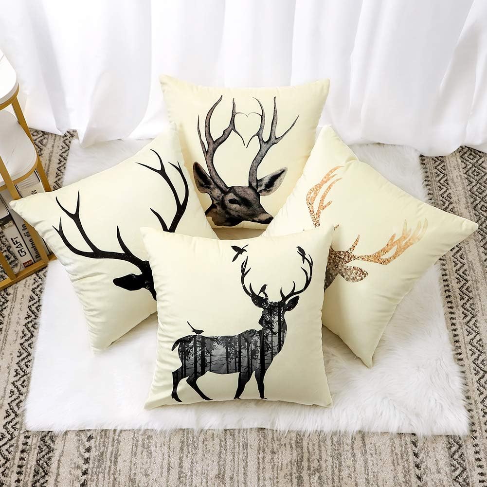 Artscope Cozy Throw Pillow Covers Cases, Pack of 4 Soft Velvet Elk & Deer Print Pattern Decorative Cushion Covers for Sofa Couch Bedroom Living Room Home Decor 18x18 Inch