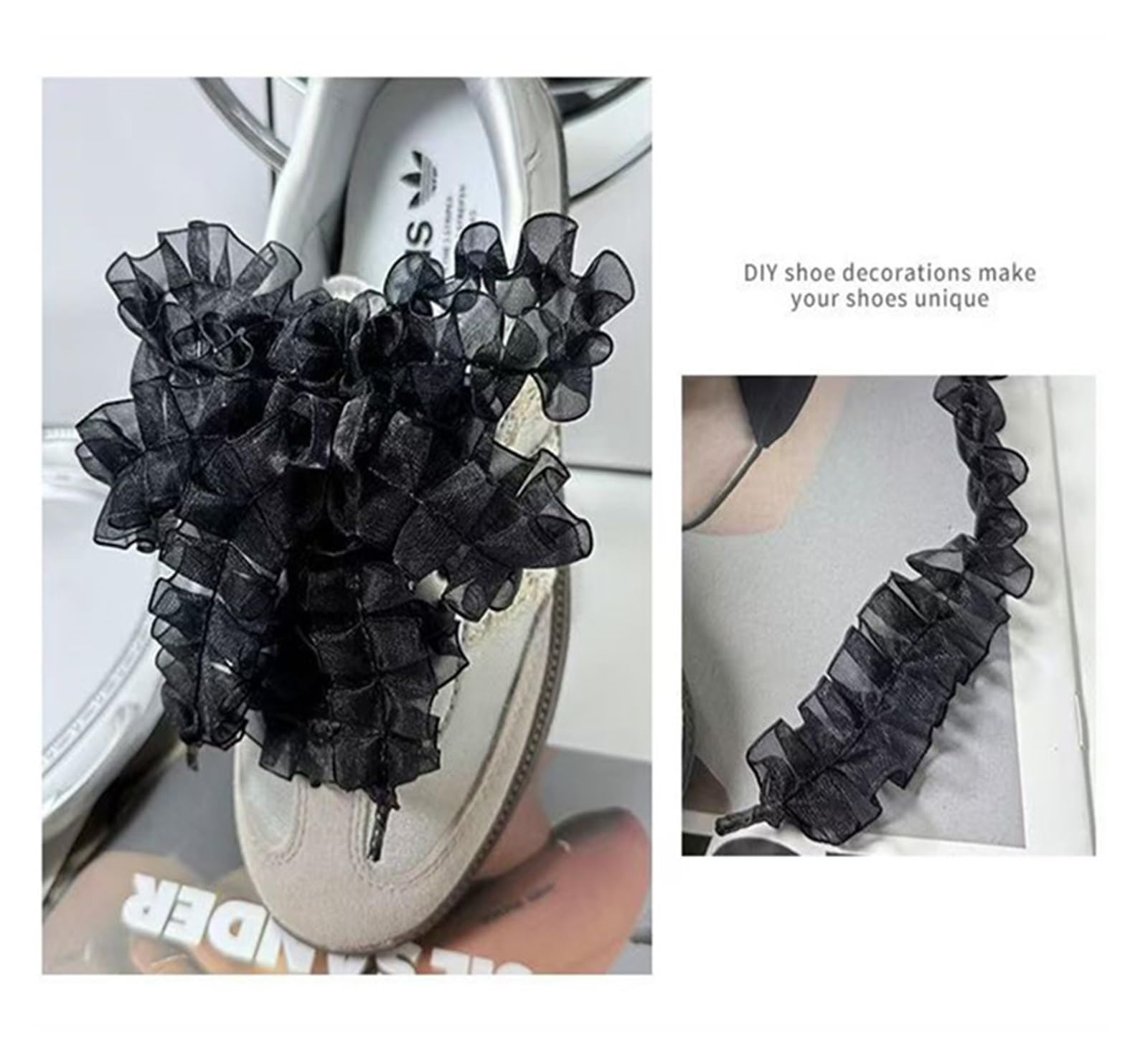 Cordones, Volantes de Organza con Borde, Cordones for Zapatos, Zapatillas Lazo, Deportivos Negros, Blancos, Entrenamiento DIY(Black,140cm)