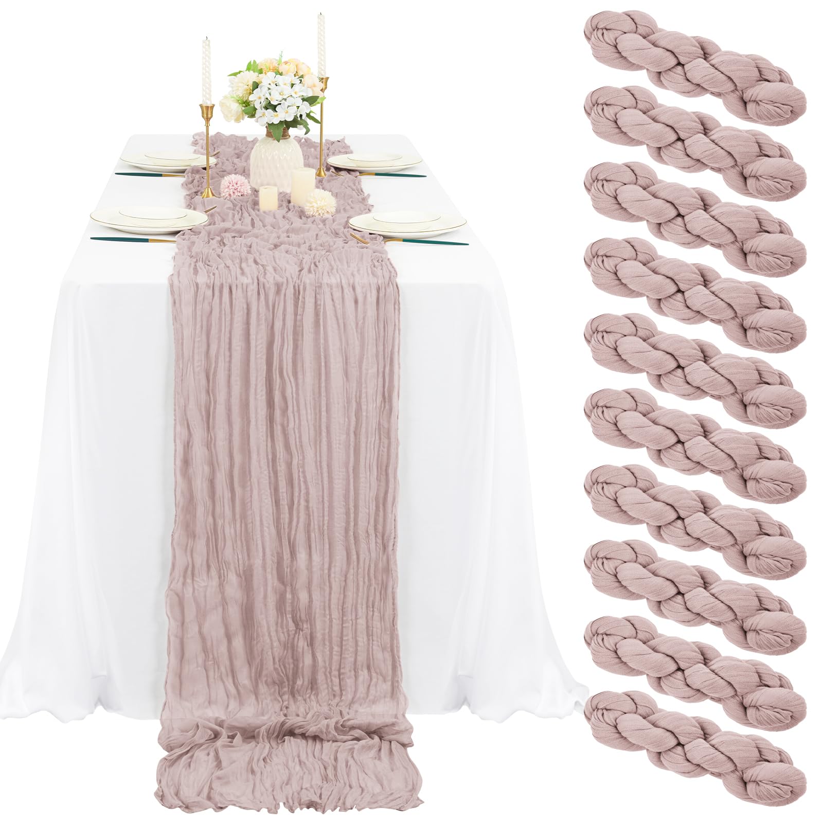 10 Pcs Dusty Pink Cheesecloth Table Runner 10FT, Gauze Table Runner for Wedding Reception Sheer Bridal Shower Birthday Party Boho Table Decoration, Rustic Romantic Wedding Runner