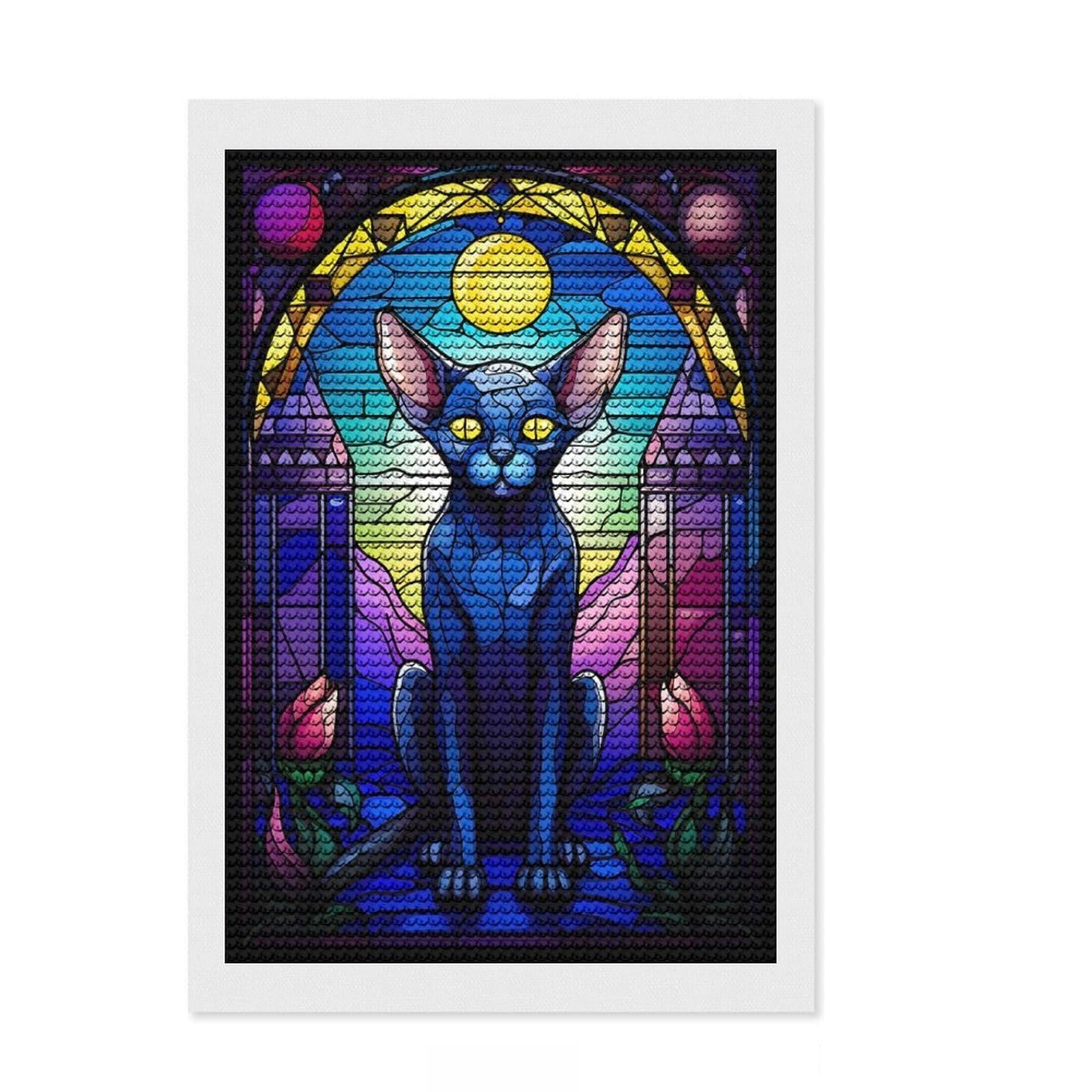 Junmoney The Sphynx Cat Blue Staine Full Drill Diamond Painting Kit 8"x12", for Women, Complete Accessories, Thoughtful Handmade Gift, Farmhouse Decor