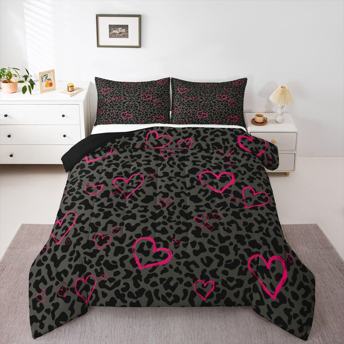 Erosebridal Pink Leopard Print Twin Comforter Set | Cheetah Wild Animals Bedding Set for Women Room Decor Africa Leopard Comforter Safari Animals Duvet Insert,2 Piece with 1 Pillowcase: Black Grey Pink Full