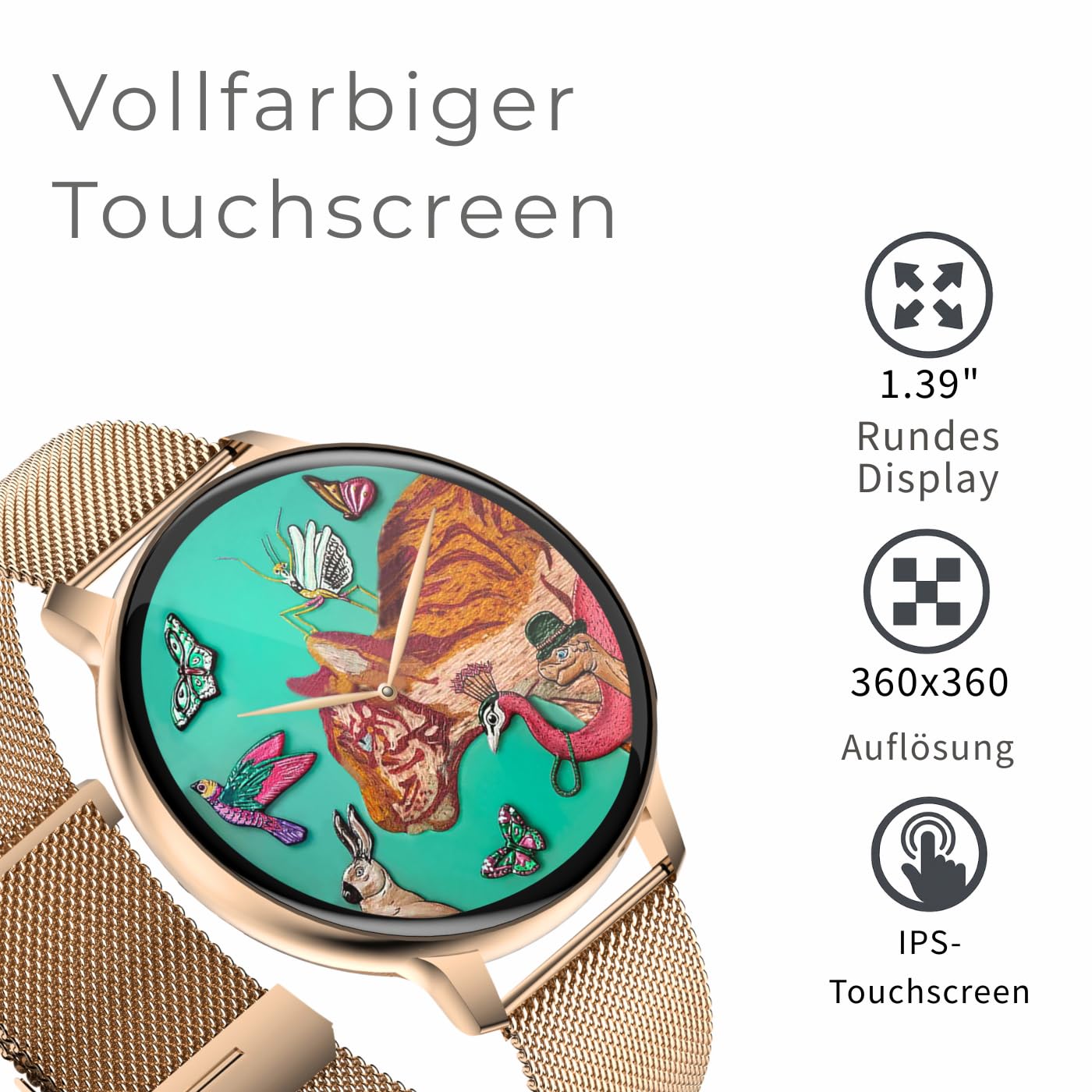 Smartwatch damski S53, złoty, wyświetlacz 1,39", rozdzielczość panelu 360 x 360, Smart Watch, kompatybilny z systemem Android od 5.0 i iOS od 10.0, Fitness Tracker, funkcje zdrowotne, złoty +