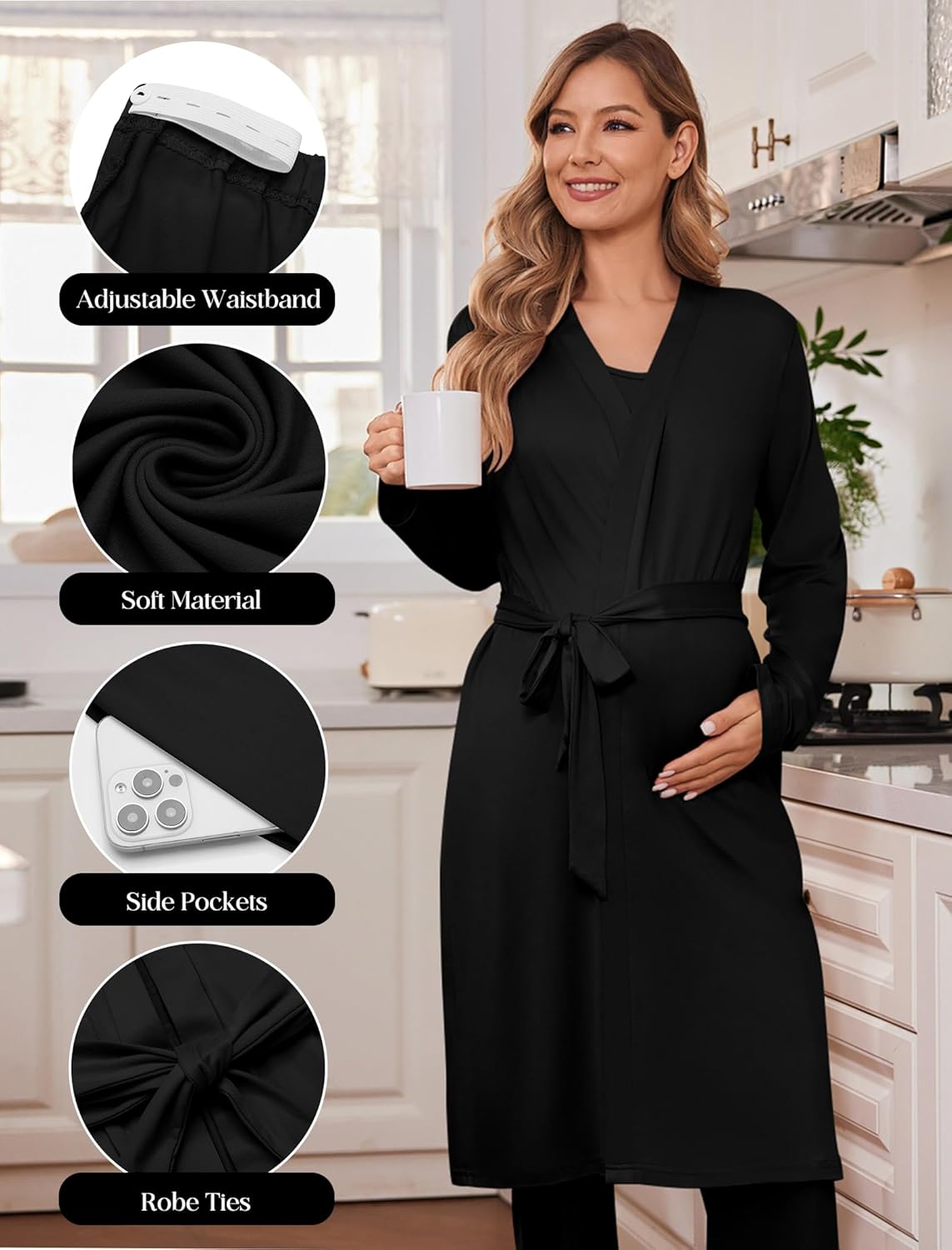 Ekouaer Nursing Pajamas Maternity Robe Set 3 Pieces Postpartum Maternity Pajama Set Pregnancy Breastfeeding Pj - Image 5