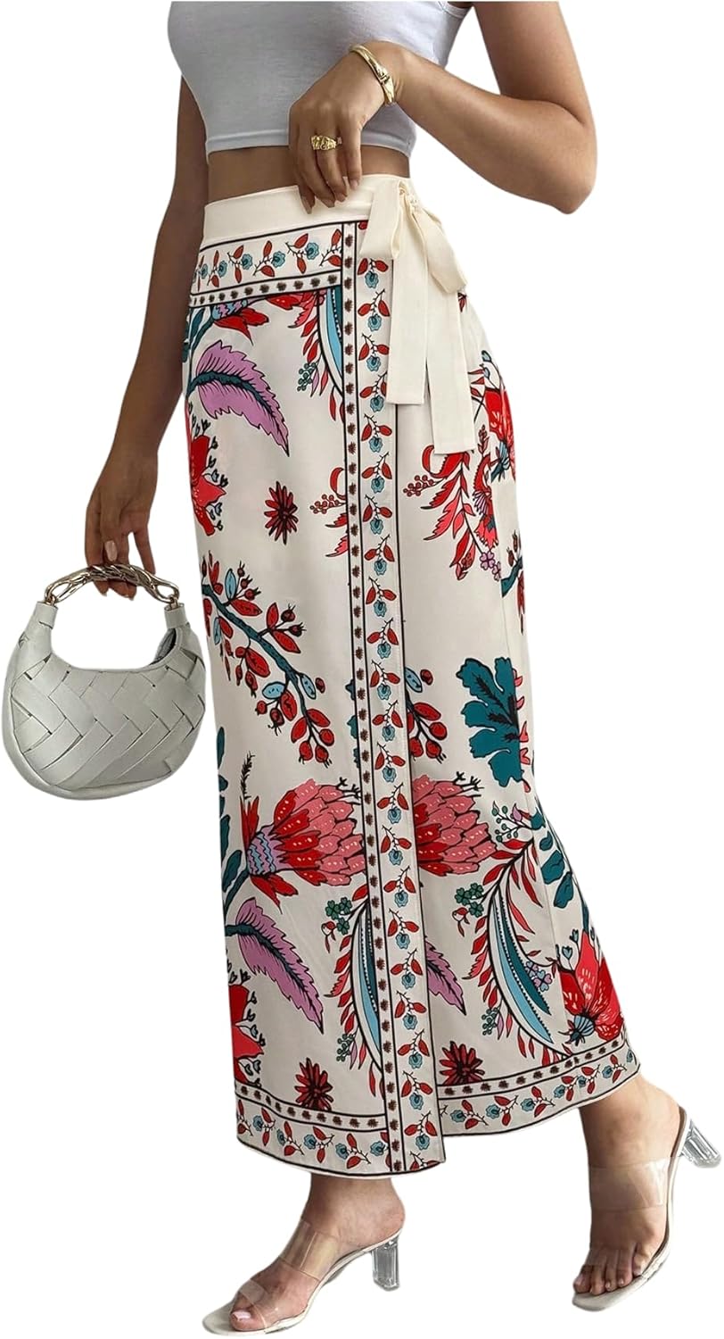 MakeMeChic Women's Boho Floral High Waist Skirt Wrap Tie Side Maxi Long Skirts