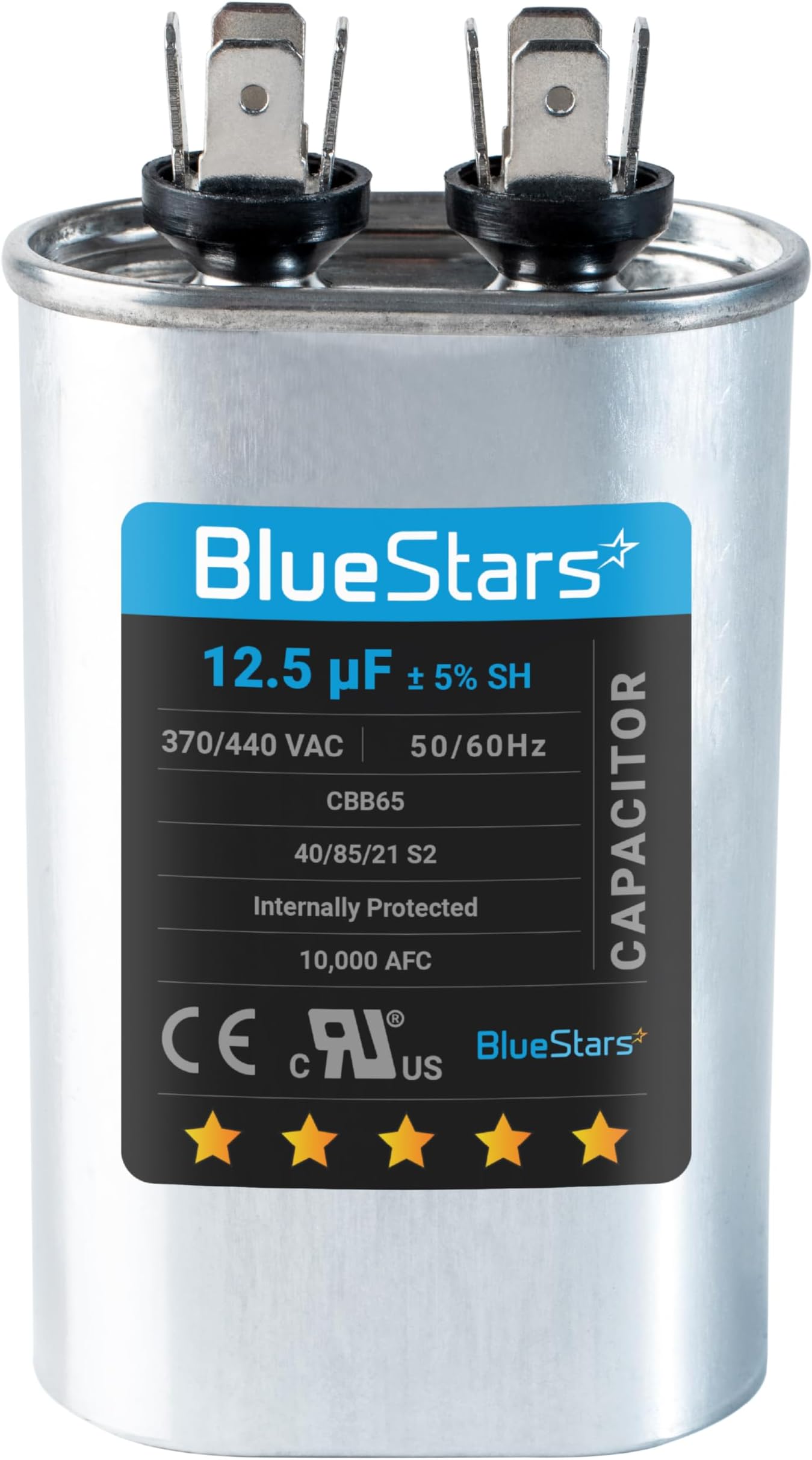 [UL Certified] BlueStars 12.5 uF MFD ±5% 370 VAC or 440 VAC CBB65 Oval Run Start Capacitor - Replacement Part - Fit Condenser Straight Cool or Heat Pump Air Conditioner - Replaces 97F9003, Z97F9003