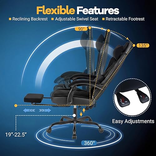 Miniatura 5 de Giantex Silla para videojuegos, silla de computadora de piel sintética con reposacabezas, soporte lumbar, respaldo reclinable y reposapiés, silla de