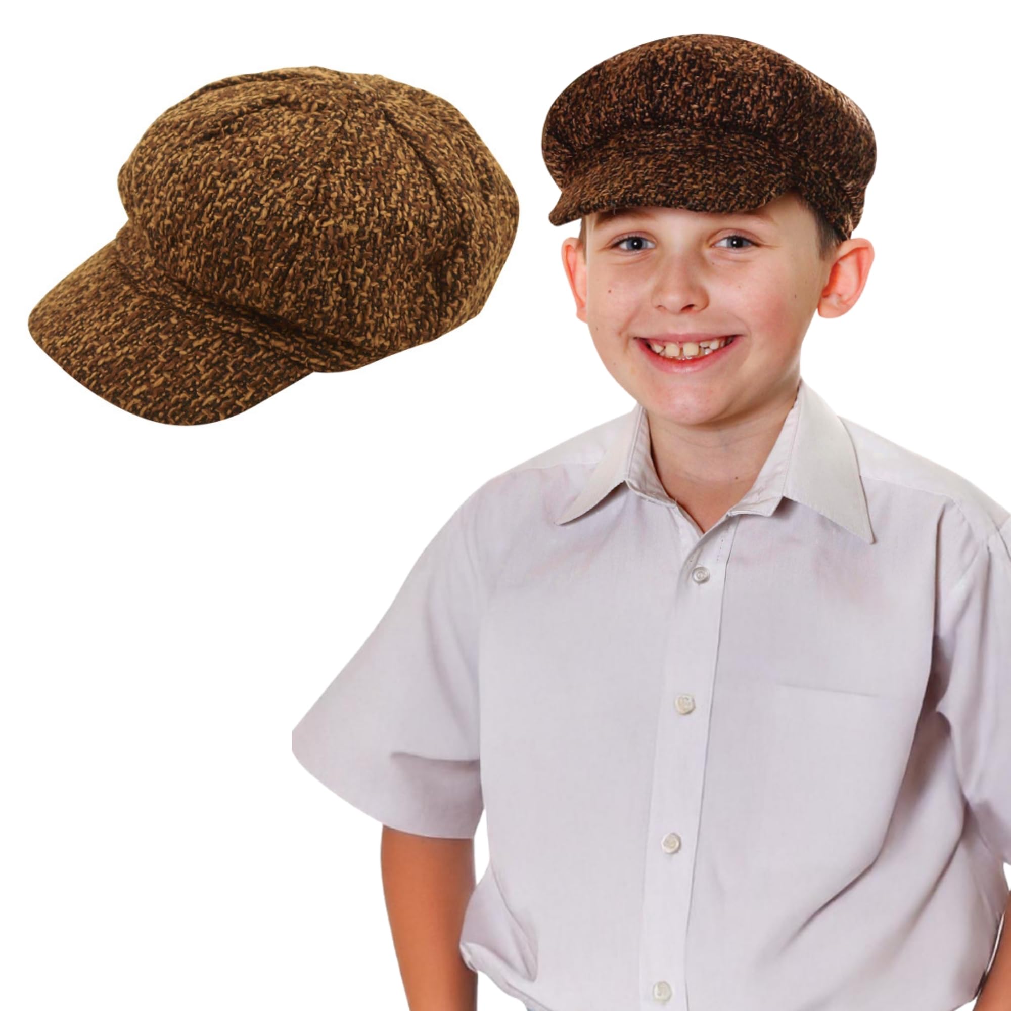 FUN FABLES Kids Baker Boy Flat Cap – Classic 8-Panel Victorian Newsboy Hat, 1920s 1930s Gatsby Peaky Gangster Cap, Fancy Dress Accessories for Boys & Girls Brown (UK, Alpha, One Size, 6 Hats, Brown)