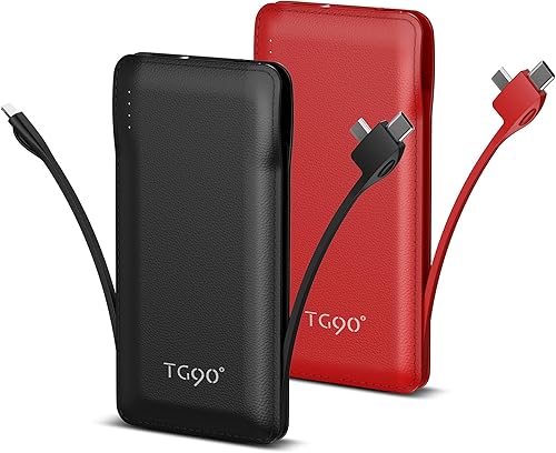 TG90 2 Pack Portable Charger 10000mah Cell Phone Battery Backup, Ultra Slim Power Bank with Built in Cables
