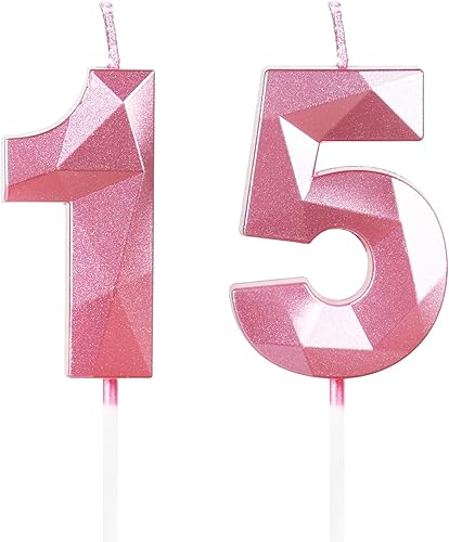 Velas del número 15, velas de cumpleaños 15, vela rosa de feliz cumpleaños para pastel, decoración de pastel de diseño 3D para niñas, mujeres,