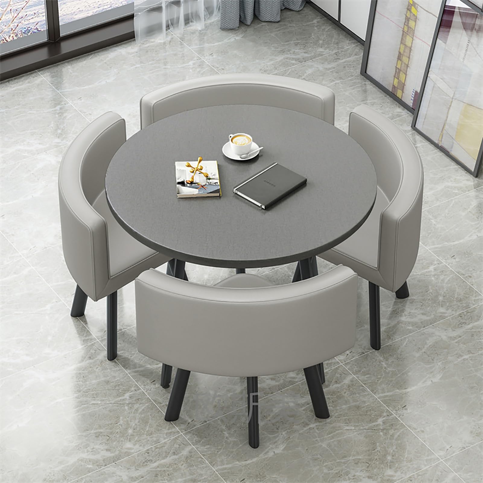 ASerZenith Reception Room Club Table And Chair Set - Office Negotiation Round Conference Table Dining Set For Lounge - Reception Table And Chair Combination,Light Gray