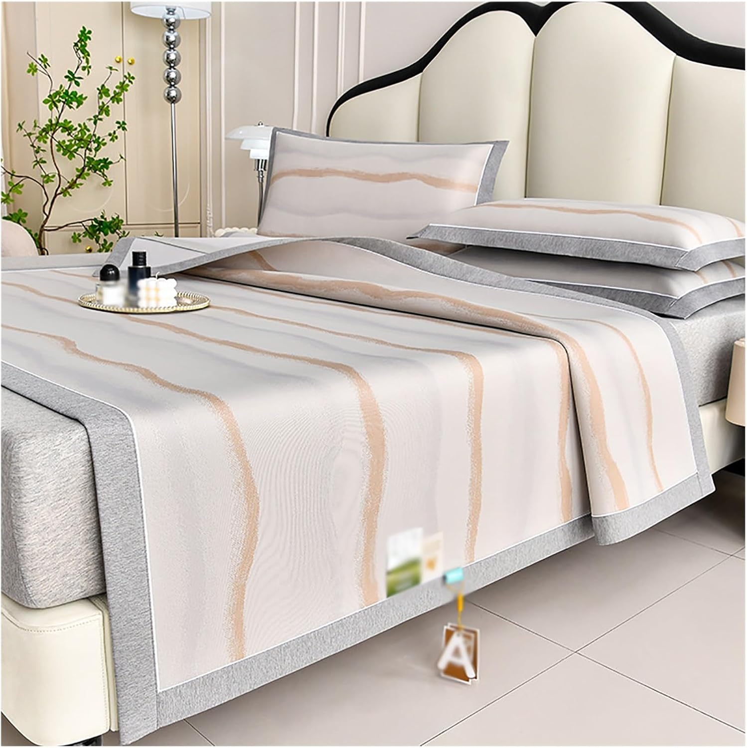 Summer Sleeping Mat, Instant Cooling Ice Silk Fabric, Non-Slip Adjustable Straps, Breathable and Wrinkle-Resistant for Hot Nights, Bedroom Comfort(Brown,59 * 78.7in)