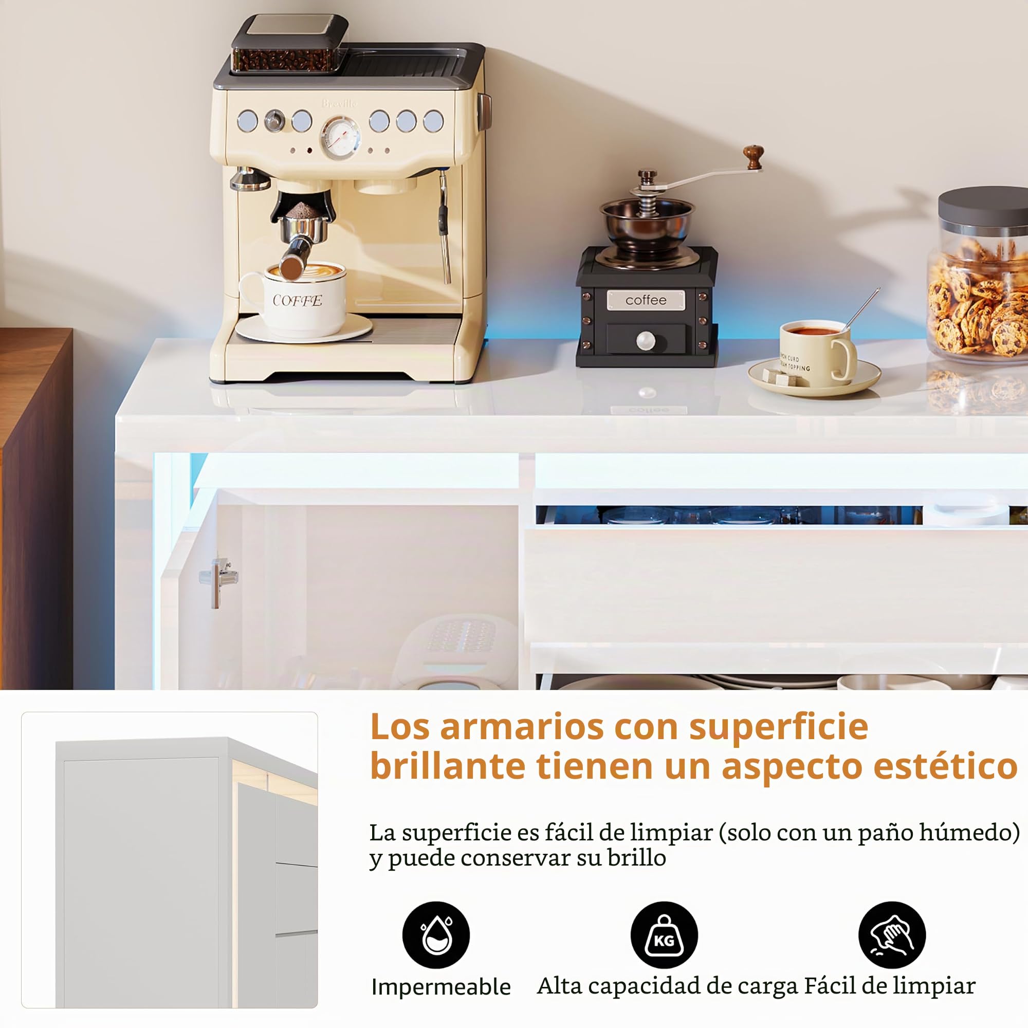 Aparador Blanco Brillante con LED, Mueble de Almacenamiento Moderno con 4 Puertas y 2 cajones, Mueble de TV Blanco Lacado para Sala de Estar, Cocina o Entrada