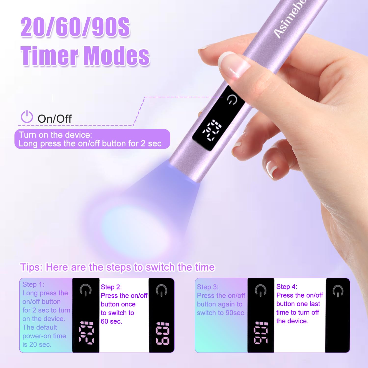 Mini Lampada UV LED Unghie, Lampada UV Unghie Piccola 3W, Lampada Gel Unghie con Supporto, 20/60/90S Timer, Ricaricabile Portatile Torcia per unghie Gel Asciugatura Rapida Viola