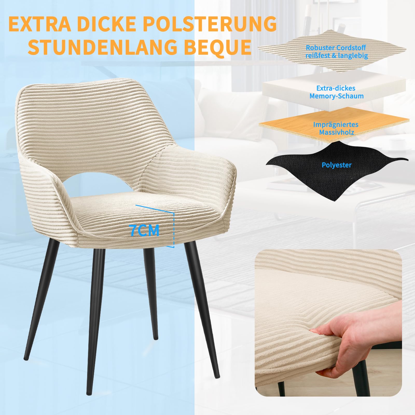 WAFTING Esszimmerstühle 4er Set, Armlehnstuhl mit Metallbeine, beige