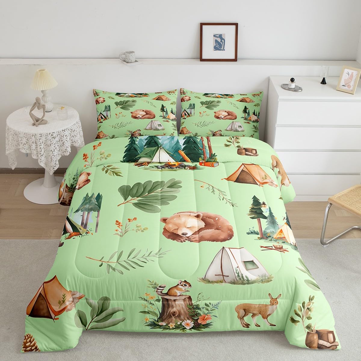 Camping and Hunting Adventure Comforter Set Twin Size Bear Deer Bedding Set for Girls Boys Adults Room Decor Squirrel Pine Tree Jungle Pattern Quilt