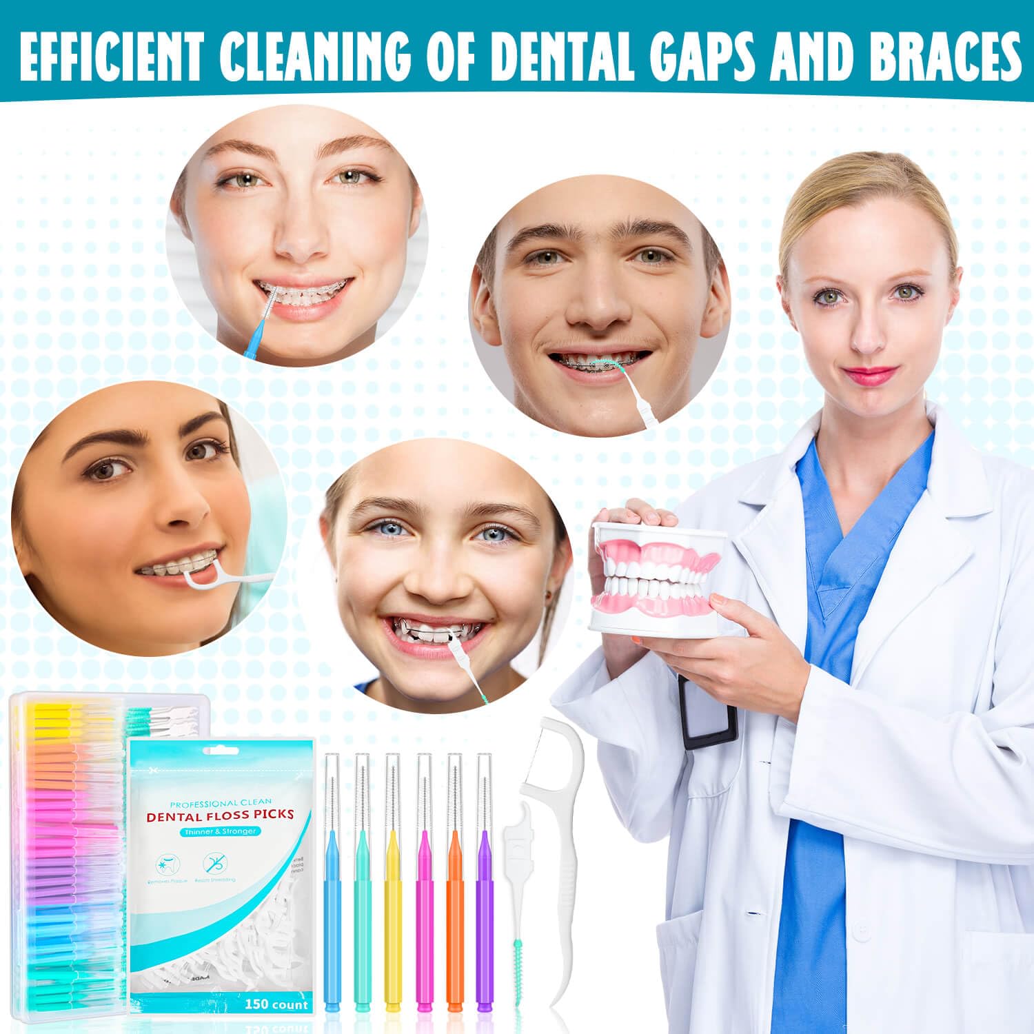 Lezmarket Juego de 450 cepillos interdentales y púas de hilo dental, cepillos de tirantes, púas suaves y varillas de hilo dental para dientes, cepillo limpiador de frenos, cepillo de hilo dental entre