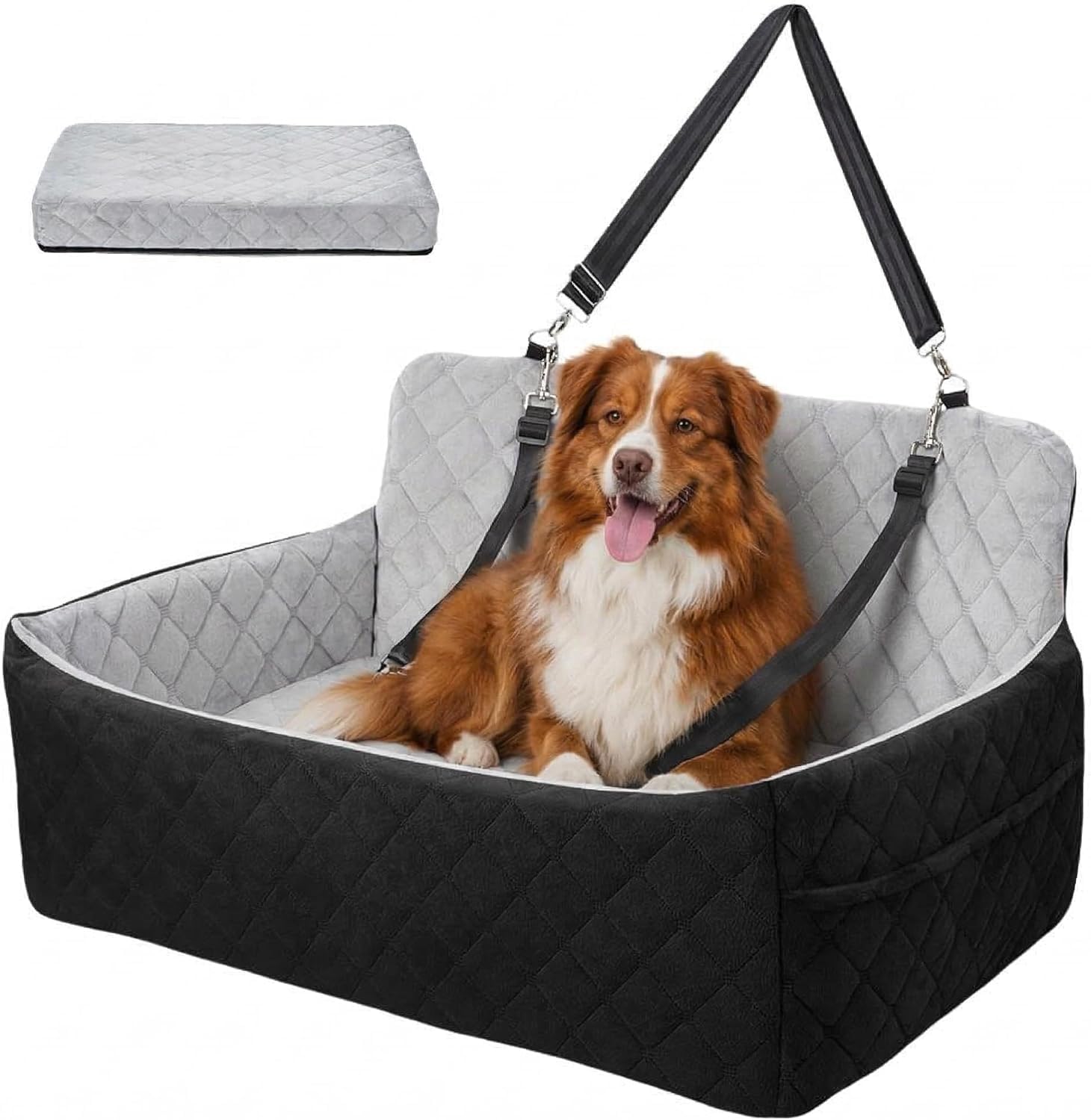 Large Dog Car Seat for 55lbs, Travel Back Seat Dog Bed with Storage Pockets & 2 Safety Belts, Dog Booster Seats with Memory Foam,Safety Travel Per Car Seat with Removable Washable Cover,Black-Grey